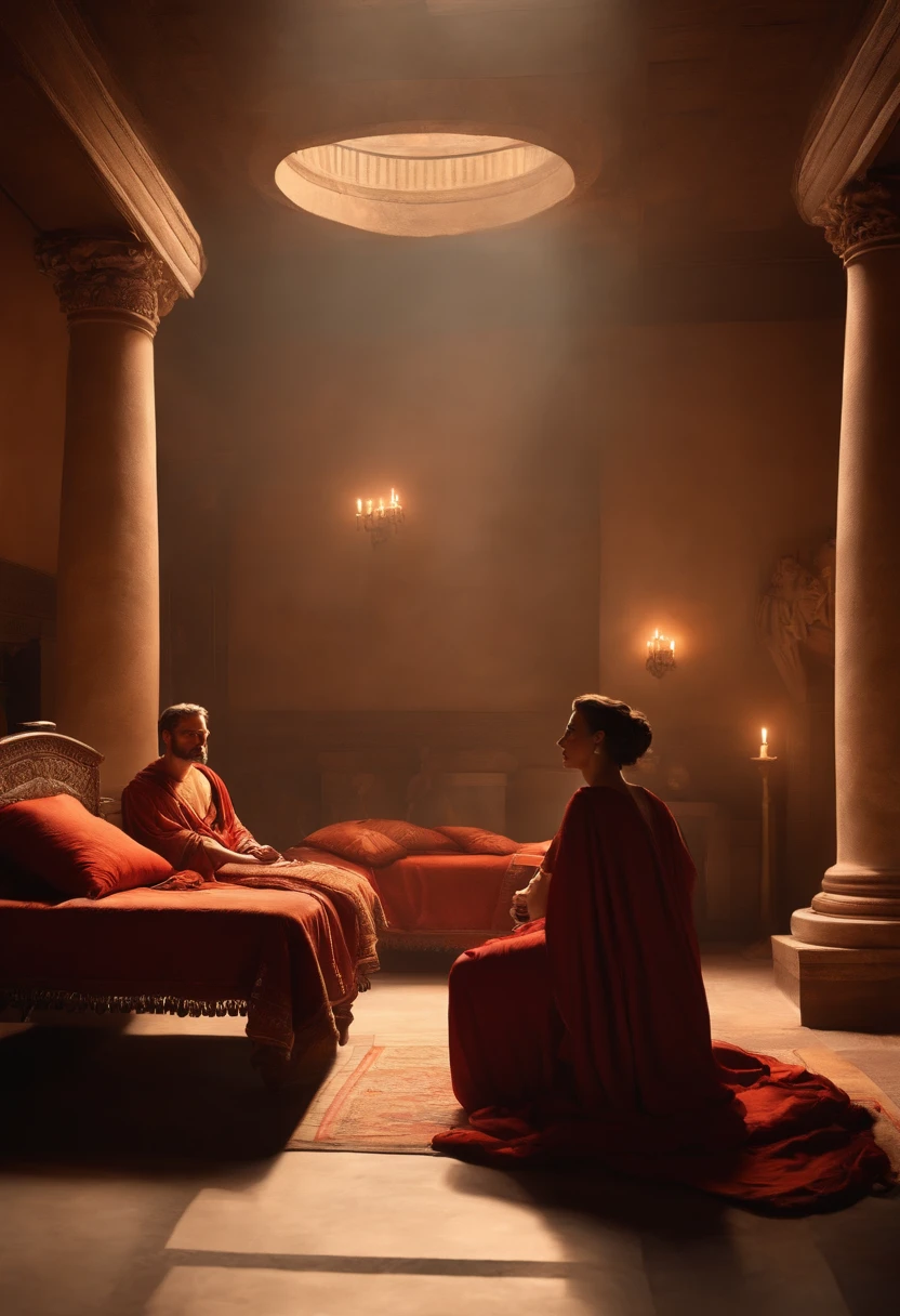 A crowded interior scene of an ancient Roman brothel, with intricate historic details. Women dressed in robes tending to men reclining on beds. Sunlight streams through windows with clay pots on sills.,es on，high light，Real light，Ray traching，OC renderer，UE5 renderer，Hyper-realistic，best qualtiy，8K，Works of masters，super-fine，Detailed pubic hair，Correct anatomy