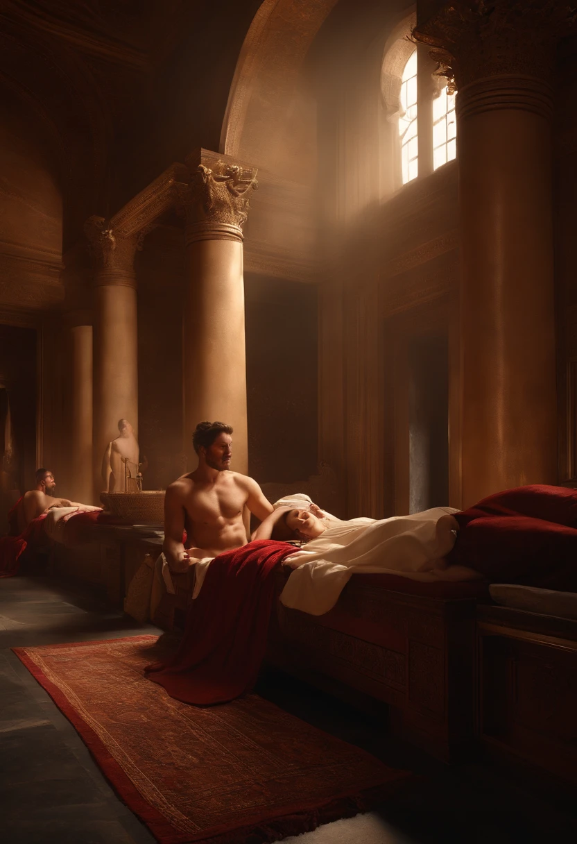 an ancient Roman brothel. Sexy roman Women dressed in robes tending to men reclining on beds, es on,high light,Real light,Ray traching,OC renderer,UE5 renderer,Hyper-realistic,best qualtiy,8K,Works of masters,super-fine,Detailed pubic hair,Correct anatomy