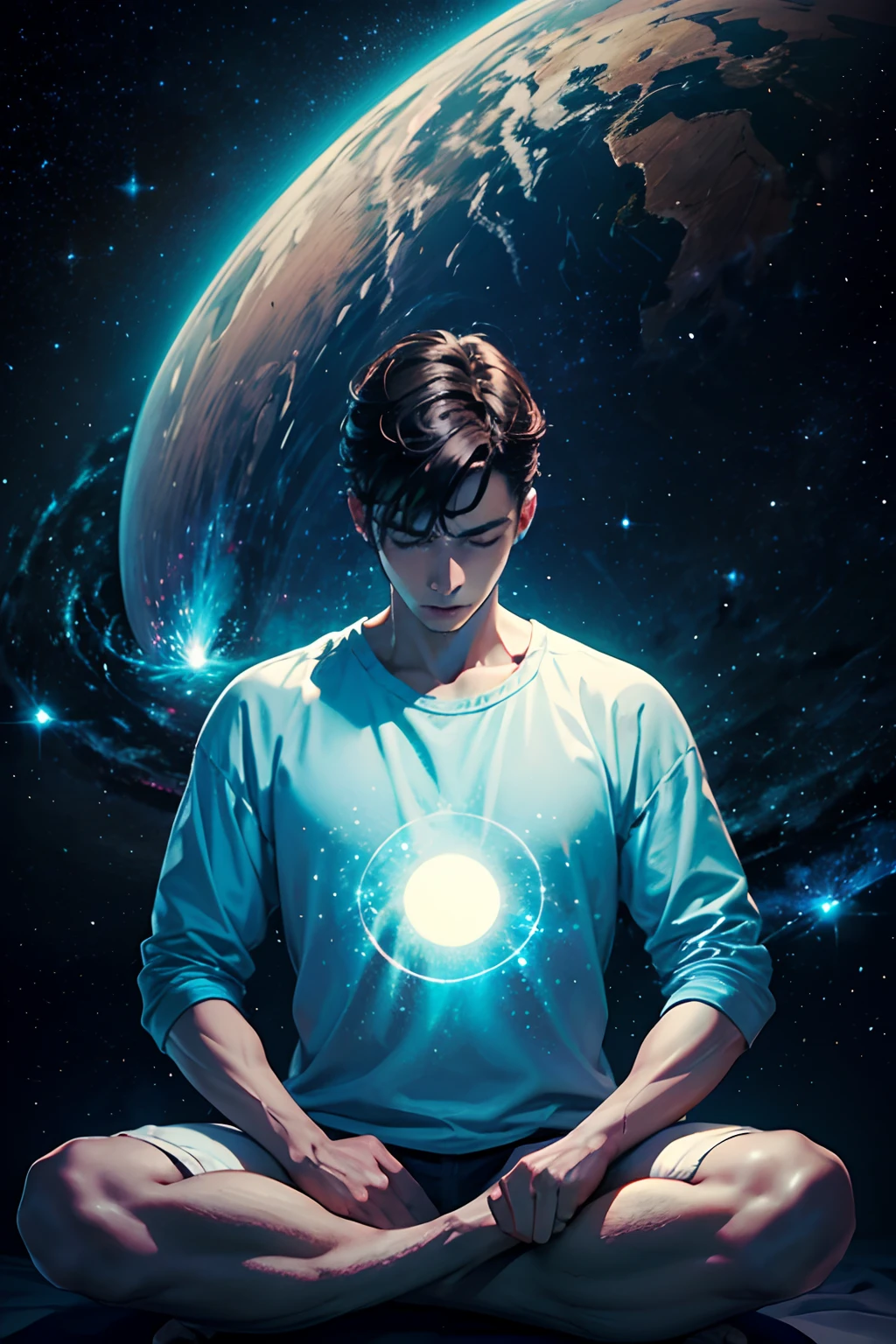 homem meditando em um universo colorido