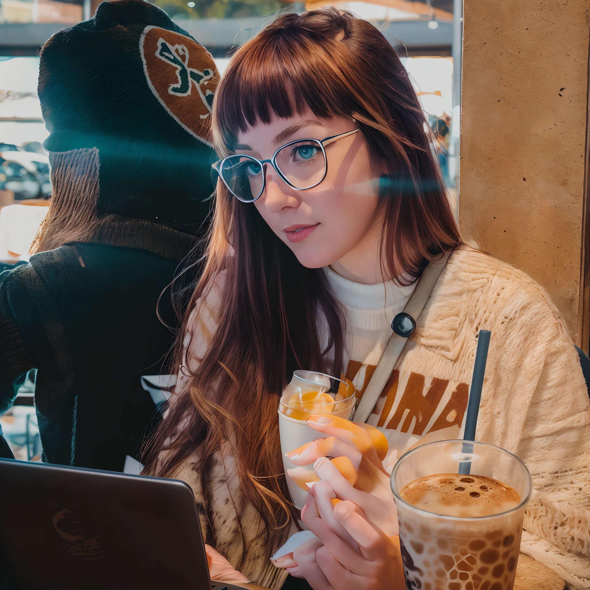 american White woman with glasses holding a sandwich, orange hair, a drink in front of her, sitting in a cafe, lofi girl, in a coffee shop, lofi girl aesthetic, working on her laptop