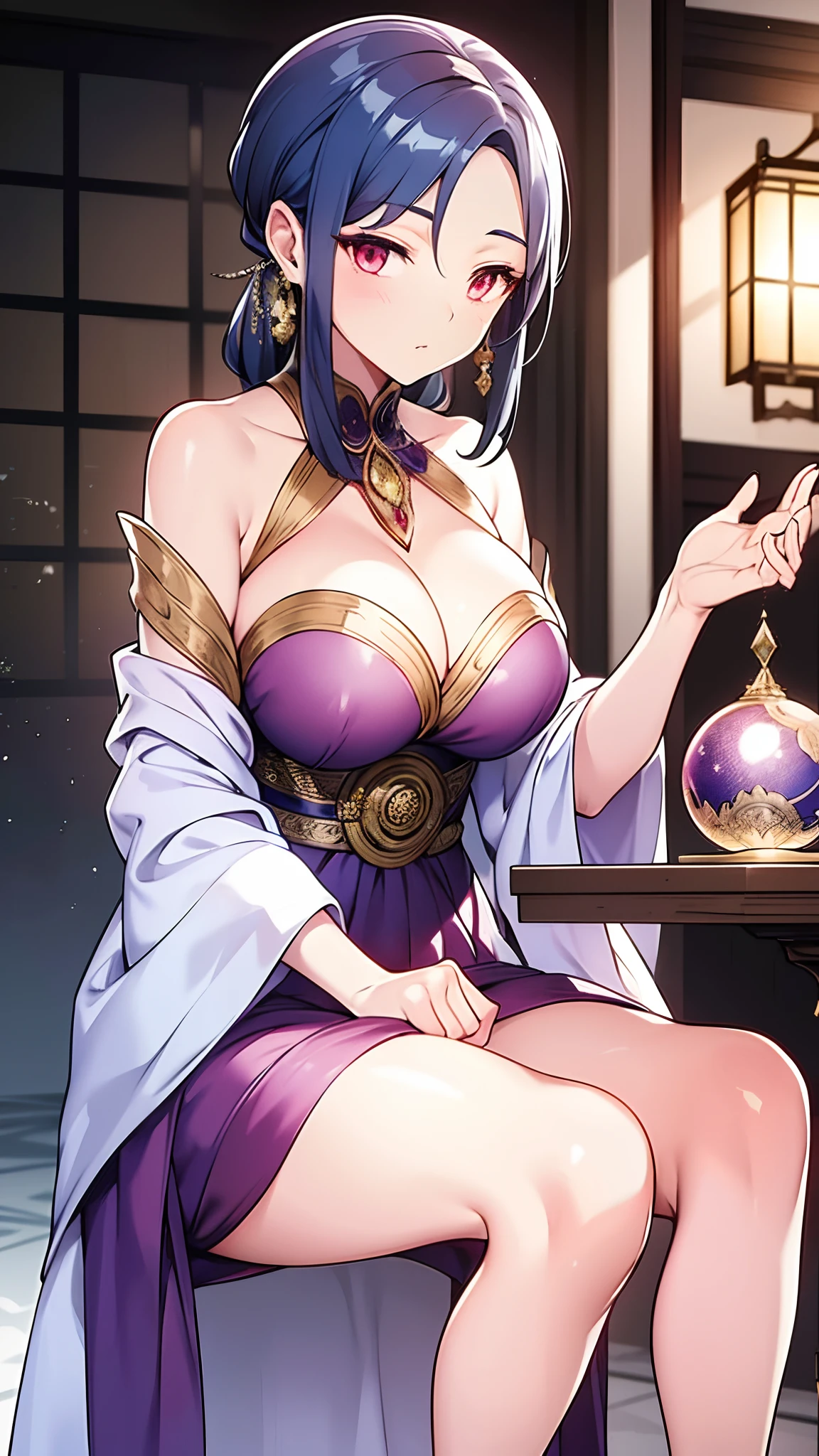 A beautiful woman dressed in a dark-colored toga in muted tones、Sitting on a chair in front of a table with a crystal ball, A captivating presence draws you in. As she peers into the orb,, Her vision becomes a reality, Be mesmerized by her power and beauty.