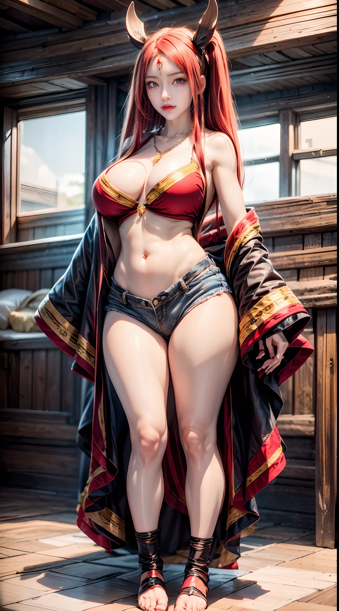 realistic, 1girls, handicrafts, best quality, 8k, red hair, big breasts, handbags, ponytails, tank tops, necklaces, jewelry, shorts, wide hips, gyaru, hair bands, yellow eyes, full body