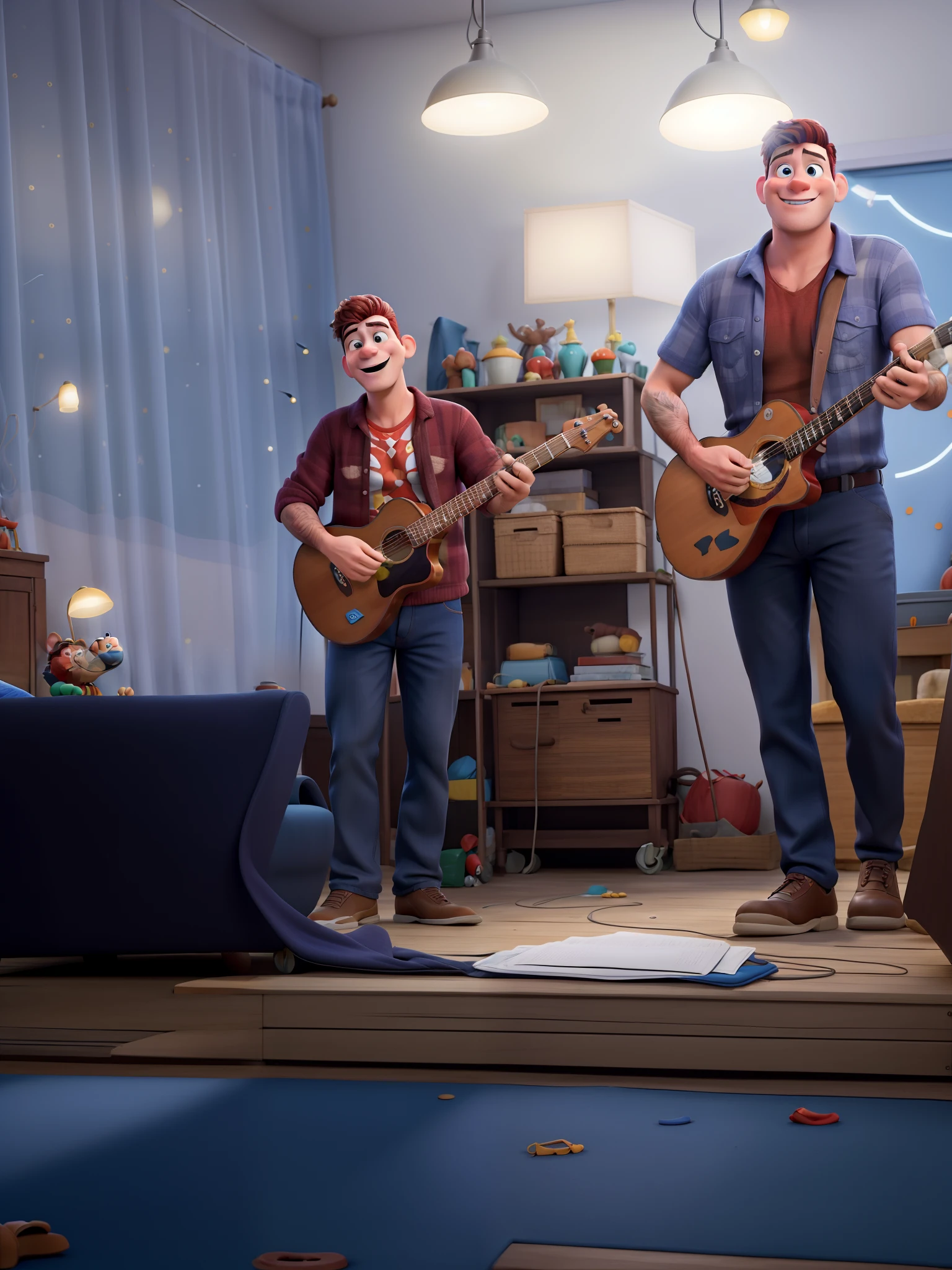 Homem moreno de 35 anos tocando baixo estilo disney pixar, alta qualidade, melhor qualidade