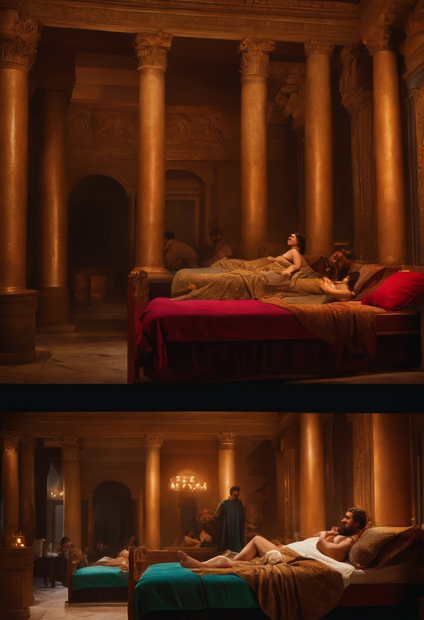 an ancient Roman brothel. Sexy roman Women dressed in robes tending to men reclining on beds
