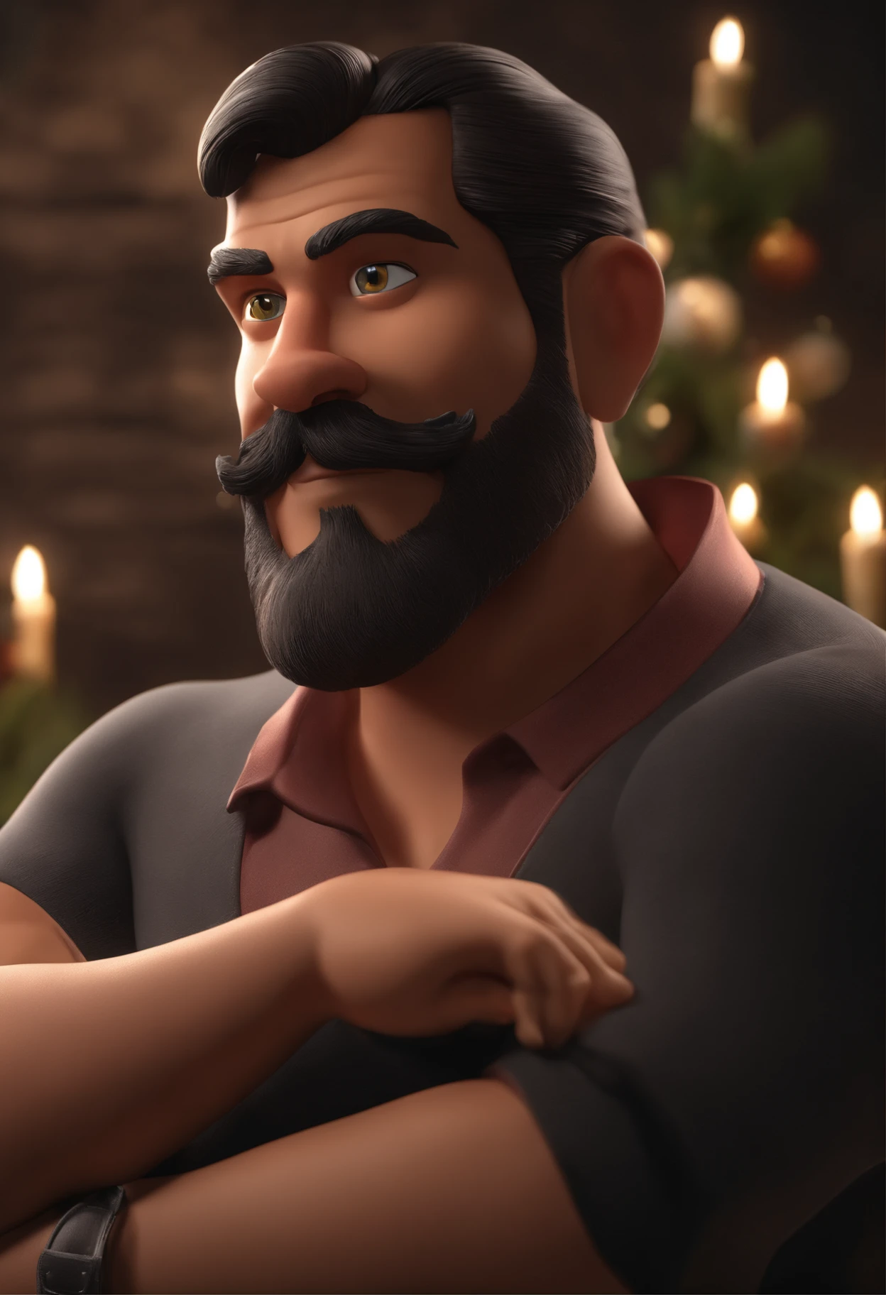 personagem dos desenhos animados de um homem com barba, gordinho, cabelos, barba e olhos castanhos, boca e nariz pequeno, wearing black t-shirt with Santa Media written, animation character, animation style rendering, 3D estilizado, Arnold Maya render, 3 d render stylized, toon render keyshot, Personagem 3D, Personagem 3D, 3d rendering stylized, 3 d character render, personagem de desenho animado, Personagem de close up, Pose de personagem, (Estilo Pixar) (master part:1.2) (Bokeh) (best quality) (pele detalhada) (textura detalhada) (8k) (argila) (Cinematic lighting) (foco nítido