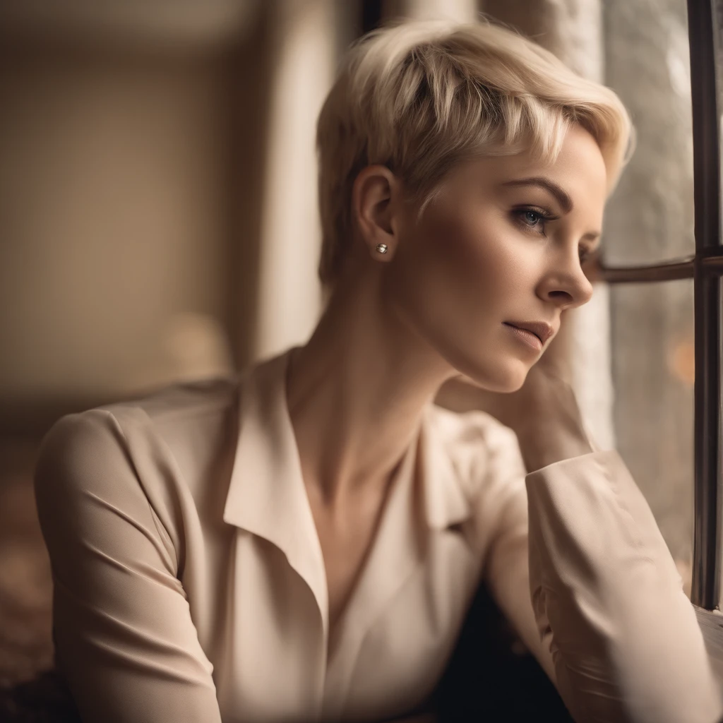 blonde, woman, pixie cut, portrait, suit, intense, masculine, dark room, vintage