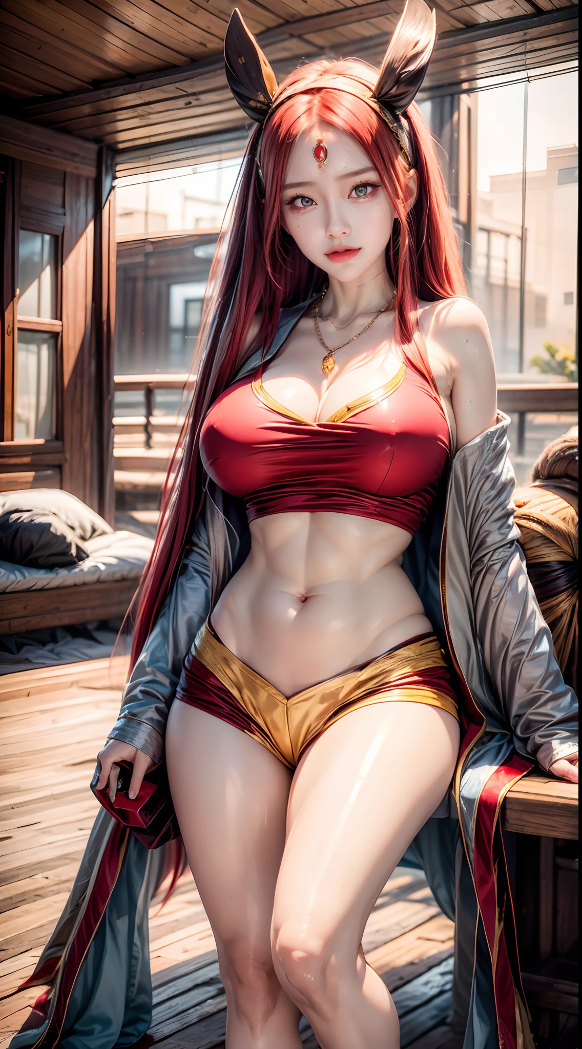 realistic, 1girls, handicrafts, best quality, 8k, red hair, big breasts, handbags, ponytails, tank tops, necklaces, jewelry, shorts, wide hips, gyaru, hair bands, yellow eyes, full body