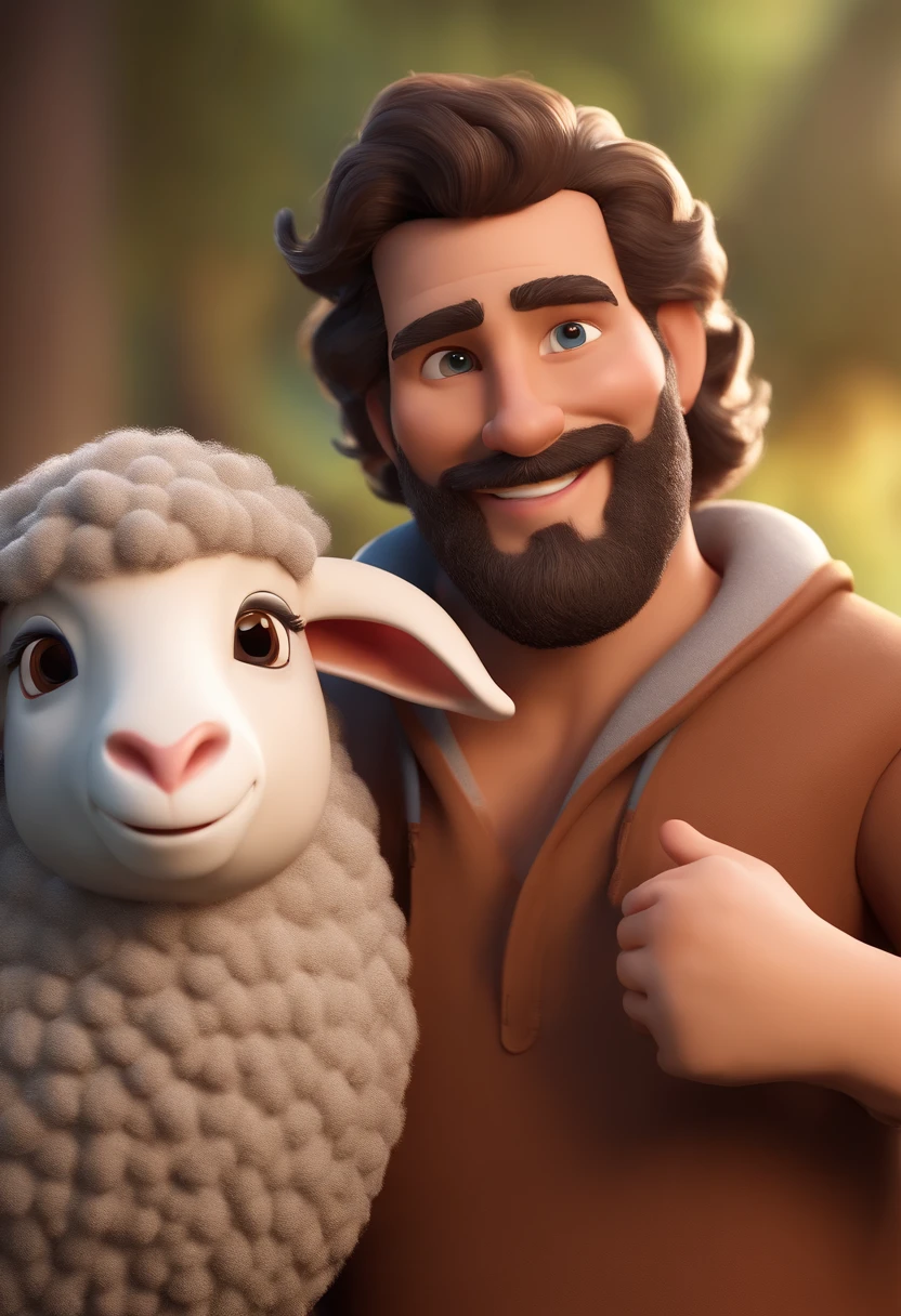 Desenhe um homem de 25 anos usando uma tunica branca cabelos e barba branca, Smile on face hugging a sheep, Caractere estilizado, animation style rendering, 3D estilizado, Arnold Maya render, 3 d render stylized, toon render keyshot, Personagem 3D, Personagem 3D, 3d rendering stylized, 3 d character render, personagem de desenho animado, Personagem de close up, Pose de personagem, (Estilo Pixar) (master part:1.2) (Bokeh) (best quality) (pele detalhada) (textura detalhada) (8k) (argila) (Cinematic lighting) (foco nítido,Senta e vaza a parte superior do corpo