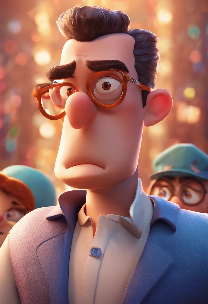 Cartoon character of a man with blue glasses and a white shirt, cabelo e barba rente, animation character, Caractere estilizado, animation style rendering, 3D estilizado, 3 d render stylized, toon render keyshot, Personagem 3D, Personagem 3D, 3d rendering stylized, 3 d character render, personagem de desenho animado, Personagem de close pixar, Pose de personagem,  (Estilo Pixar) (master part:1.2) (Bokeh) (best quality) (pele detalhada) (textura detalhada) (8k) (argila) (Cinematic lighting) (foco nítido