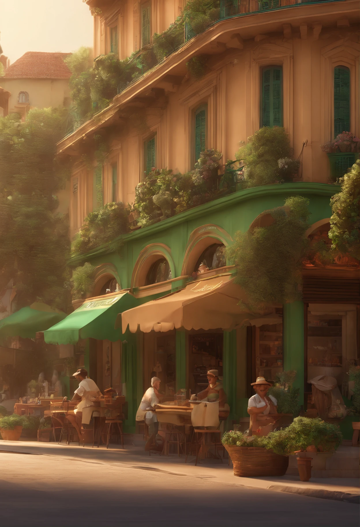 Desenho em estilo 3D da Pixar de uma sorveteria com o nome Las'Paletas Brasil, com cores verde, marrom e creme no centro da cidade.