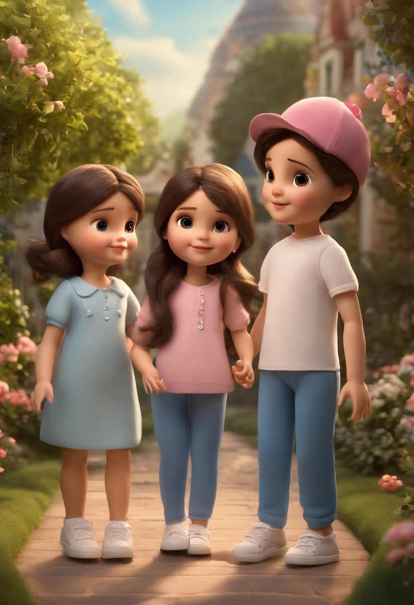 Create a sequence of 3 dolls Create 3D in Disney PIXAR style. ((center of image, 1 MOTHER)), ((2 children)) ((1 boy on the RIGHT and 1 girl on the LEFT SIDE, They are CROSSING THE STREET HAND IN HAND. IN THE MIDDLE THE MOTHER, THE SON ON THE RIGHT AND THE DAUGHTER ON THE LEFT.MOTHER SMILING WITH MOUTH OPEN, LONG BROWN HAIR, BLUE PANTS AND WHITE T-SHIRT. GIVING HAND TO HER 2 CHILDREN 1 BOY AND 1 GIRL..BOY WITH BLACK HAIR WITH BLACK JACKET, BLACK SNEAKERS..GIRL loli chibi style. eyes big green, long brown hair... in 8K resolution. she is in a beautiful garden, All dolls must follow the same solid background pattern and be complete in the image, showing the (full body, including legs: 1.5). She must have long brown hair, with a blue hat, blue dress... a delicate light blue caponese dress with a pink heart, and a t-shirt inside the dress
