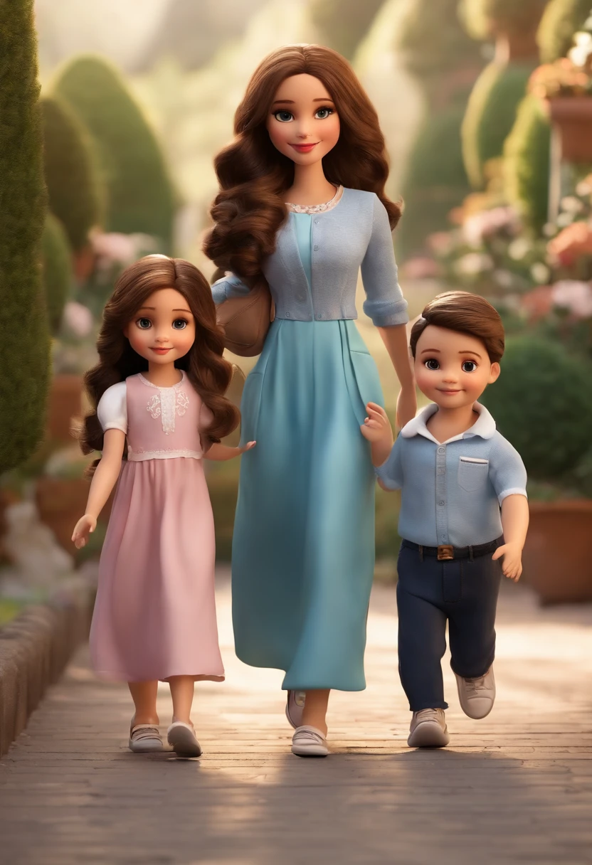 Create a sequence of 3 dolls Create 3D in Disney PIXAR style. ((center of image, 1 MOTHER)), ((2 children)) ((1 boy on the RIGHT and 1 girl on the LEFT SIDE, They are CROSSING THE STREET HAND IN HAND. IN THE MIDDLE THE MOTHER, THE SON ON THE RIGHT AND THE DAUGHTER ON THE LEFT.MOTHER SMILING WITH MOUTH OPEN, LONG BROWN HAIR, BLUE PANTS AND WHITE T-SHIRT. GIVING HAND TO HER 2 CHILDREN 1 BOY AND 1 GIRL..BOY WITH BLACK HAIR WITH BLACK JACKET, BLACK SNEAKERS..GIRL loli chibi style. eyes big green, long brown hair... in 8K resolution. she is in a beautiful garden, All dolls must follow the same solid background pattern and be complete in the image, showing the (full body, including legs: 1.5). She must have long brown hair, with a blue hat, blue dress... a delicate light blue caponese dress with a pink heart, and a t-shirt inside the dress