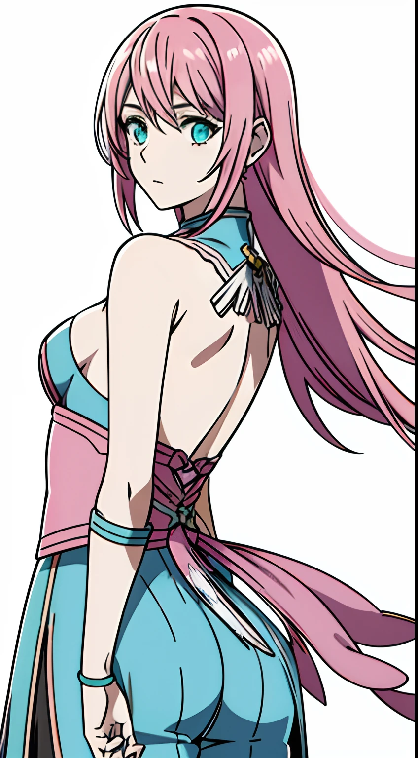 Éclair Farron Valentine (final fantasy XIII), 21 years old, neutral expression on the face, aqua eye color, big pink hair, {centered image}, white background, {arms back without showing hands}, {4k image}, 1girl (solo)