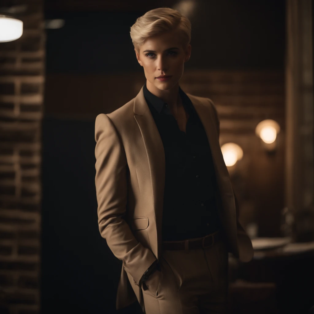 blonde, pixie cut, suit, masculine, dark room, vintage