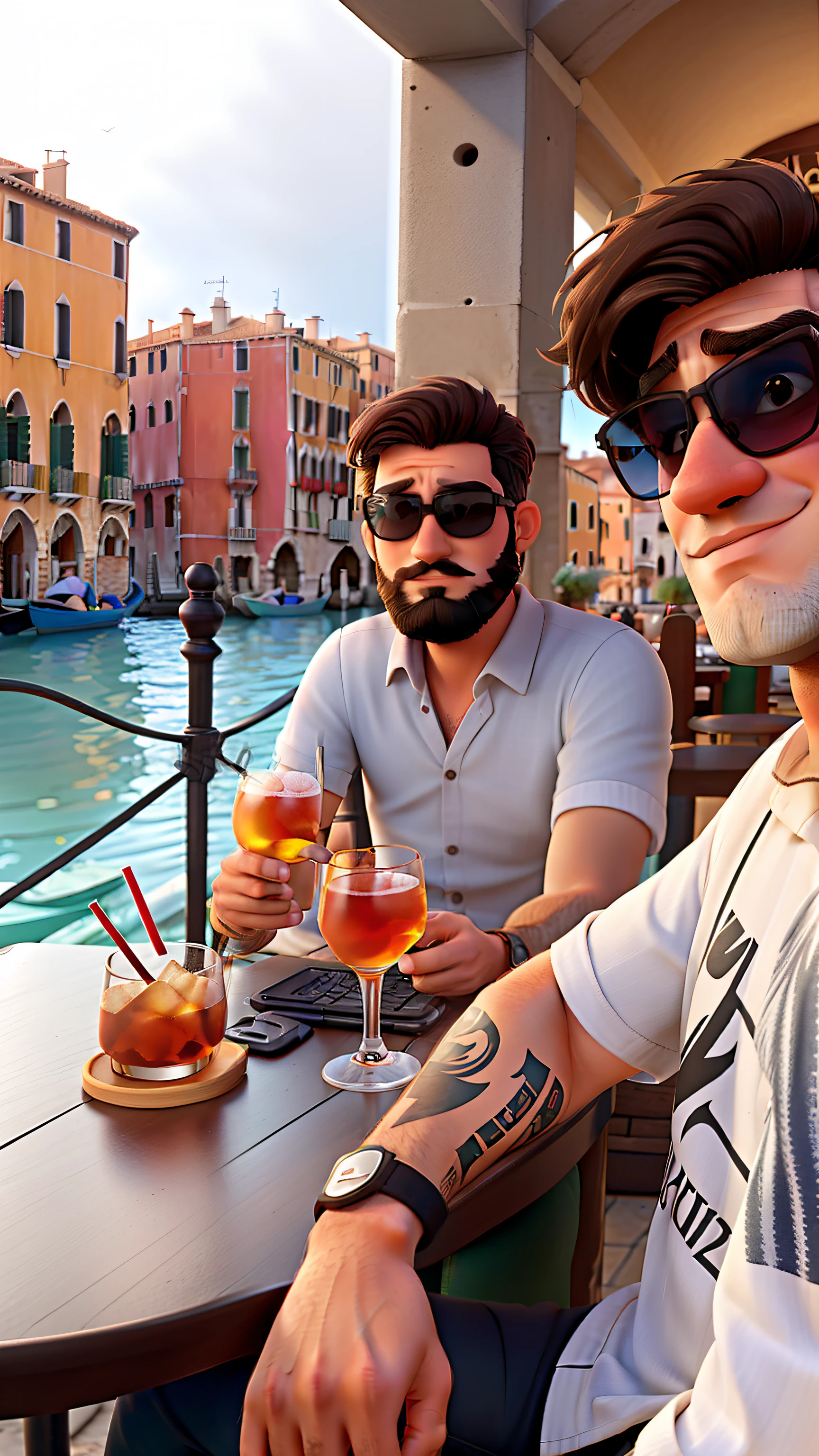 two dark-haired men, one with a beard, the other with sunglasses and bleached hair, drinking an aperol in a bar in venice
