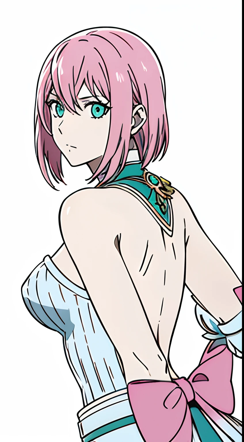 Éclair Farron Valentine (final fantasy XIII), 21 years old, neutral expression on the face, aqua eye color, big pink hair, {centered image}, white background, {arms back without showing hands}, {4k image}, 1girl (solo)