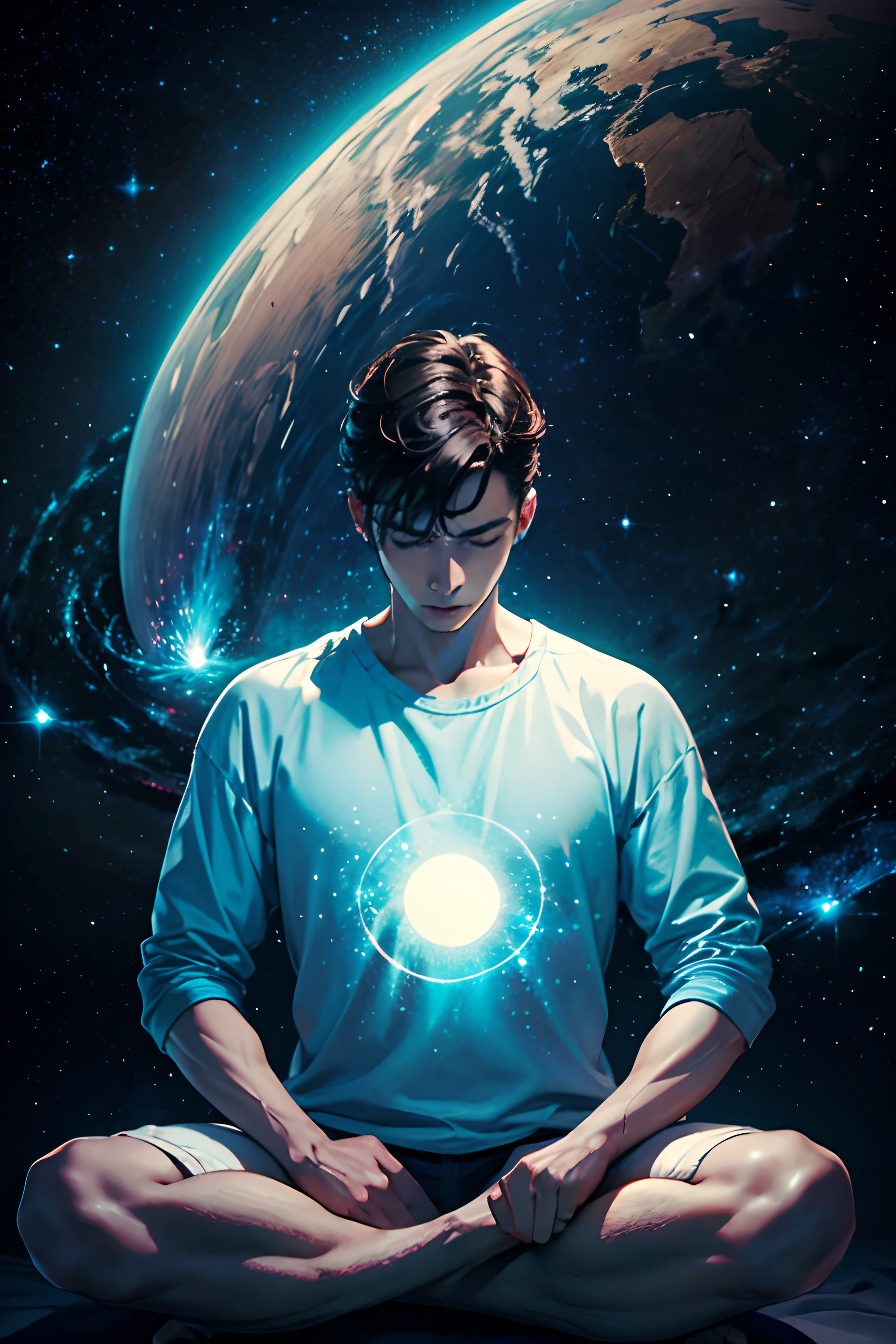 A man has short hair, faint smile, his face glowing like a crystal, face shining rays radiating like crystal, smiling sweetly
he is in the middle of millions people, those people surround him, those people just like a black shadow, no faces
