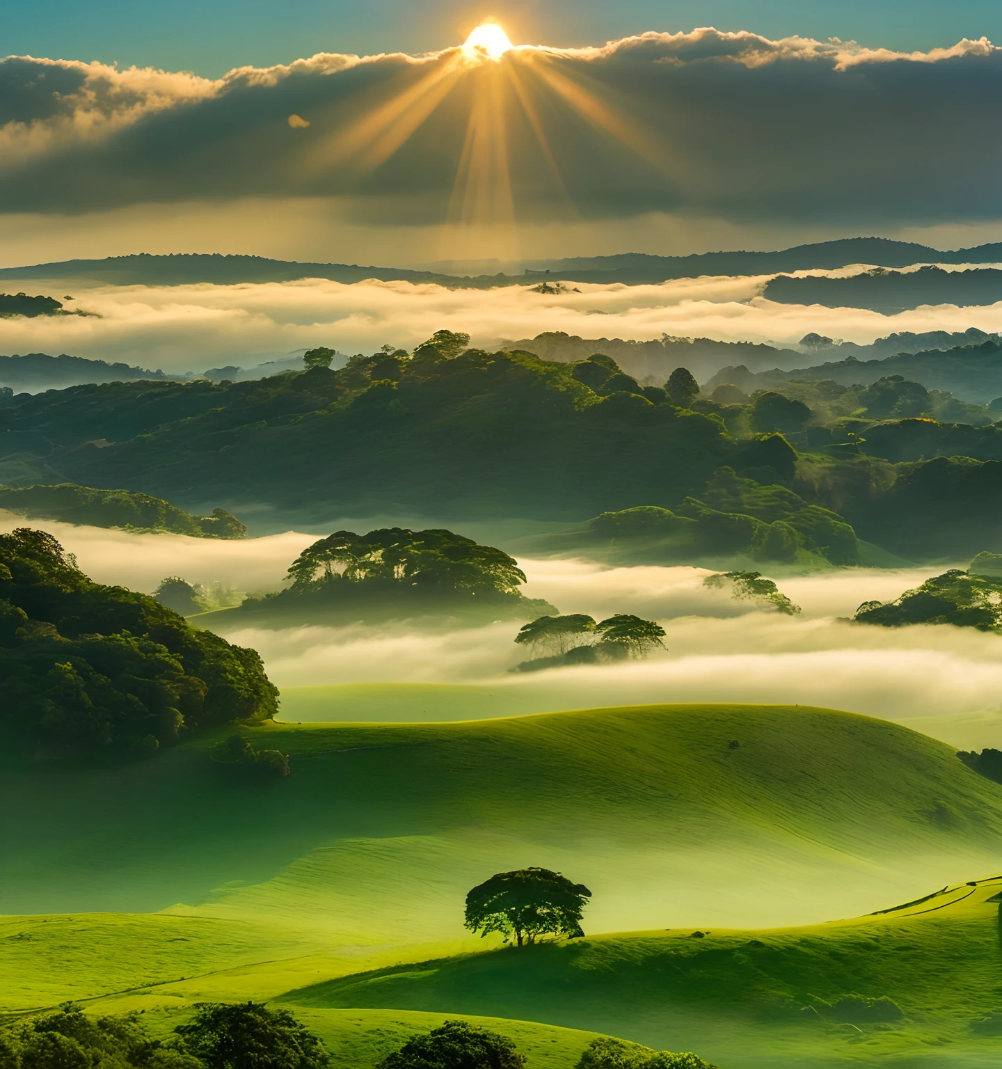 High hills,Morning sunshine,Sea of Clouds,green trees