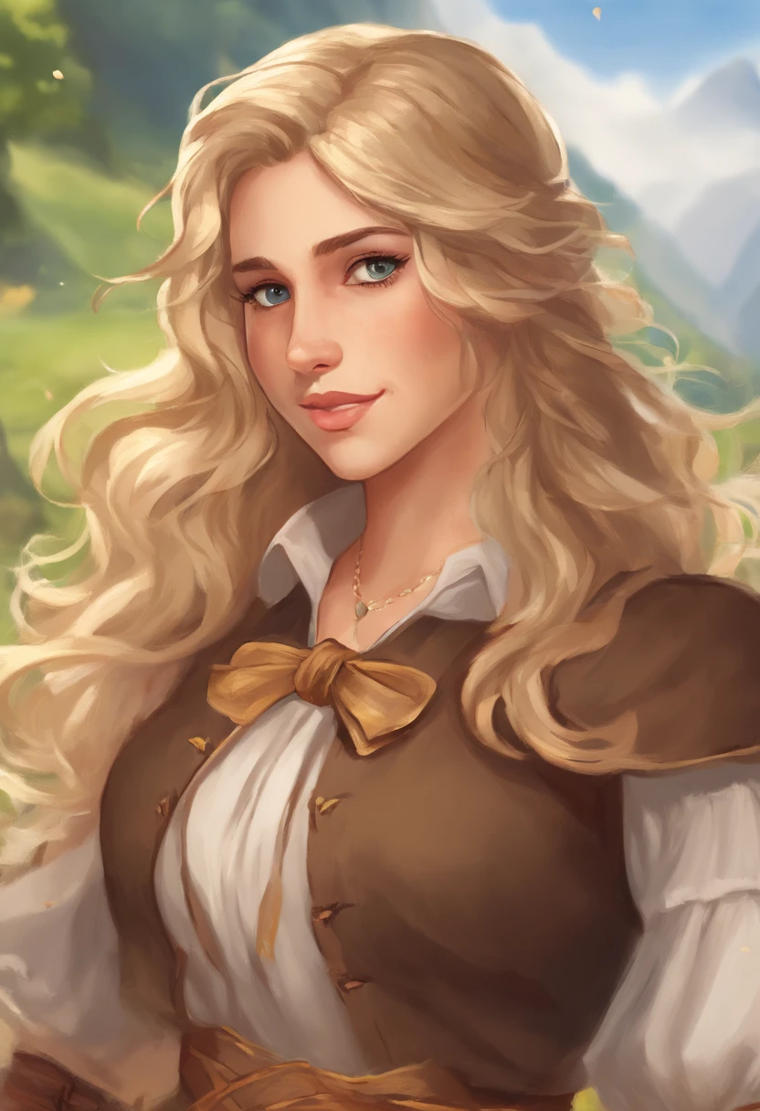 Image of a beautiful German woman, 30 Jahre, Deutsche, brown eyes, most beautiful smile in the world, sweet, wavy dark blonde hair with blonde highlights for a story in a YouTube video in Pixar format, Sie ist Deutschlehrerin und liebt das Reisen