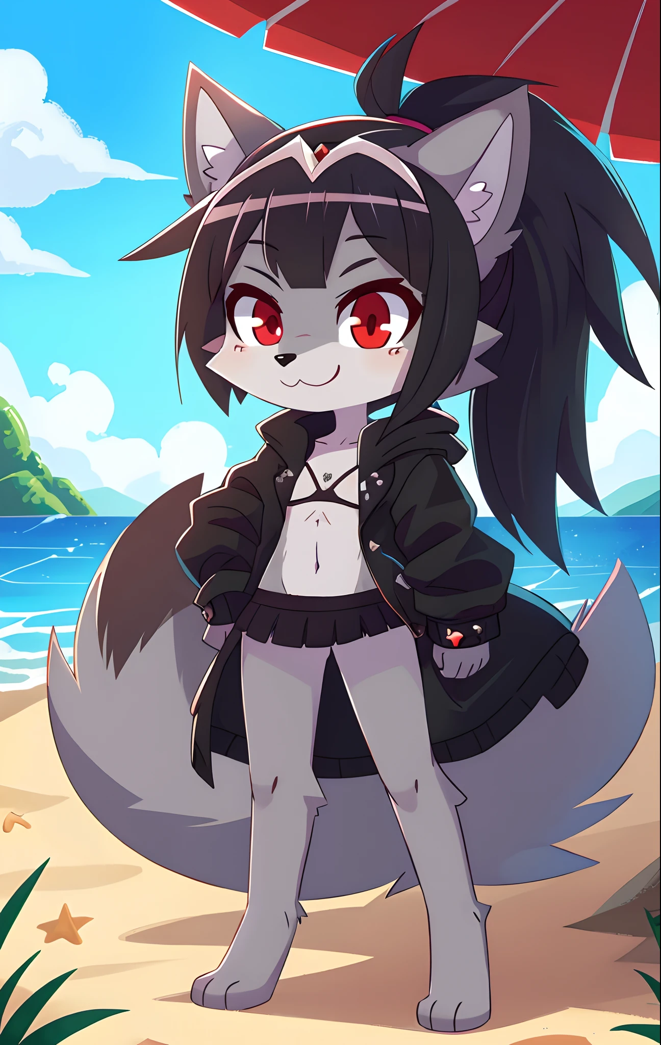 furry girl, young, wolf, black hair, emo shag hairstyle, long spiky ponytail, anime style, small breasts, red eyes, ((black hoodie jacket, open clothes, black bikini, black skirt, princess tiara)), beach, clear sky, high quality, detailed body, detailed eyes, detailed face, masterpiece, glistening body, shiny body, detailed body fur, best quality, two tone body, gray fur, clear gray fur, skinny, Furry boys taking off her clothes and undressing her, furry boys touching her whole body, furry boys licking her belly and breasts, aeghao, tongue out, boys caressing his belly, cunnilungus, pussy, multiple boys, girl focus, licking pussy, tongue on pussy,