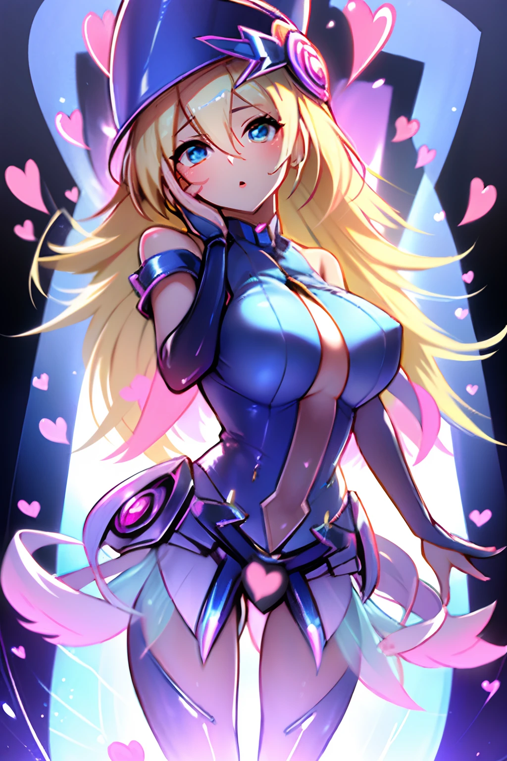 (Obra maestra:1.2), (La mejor calidad:1.2), Perfect lighting, Chica Maga Oscura, touching her and making a heart with her fingers, flotando en el aire, tetas grandes, escote, fondo de magia. Ella sale de un Portal magico1.1.