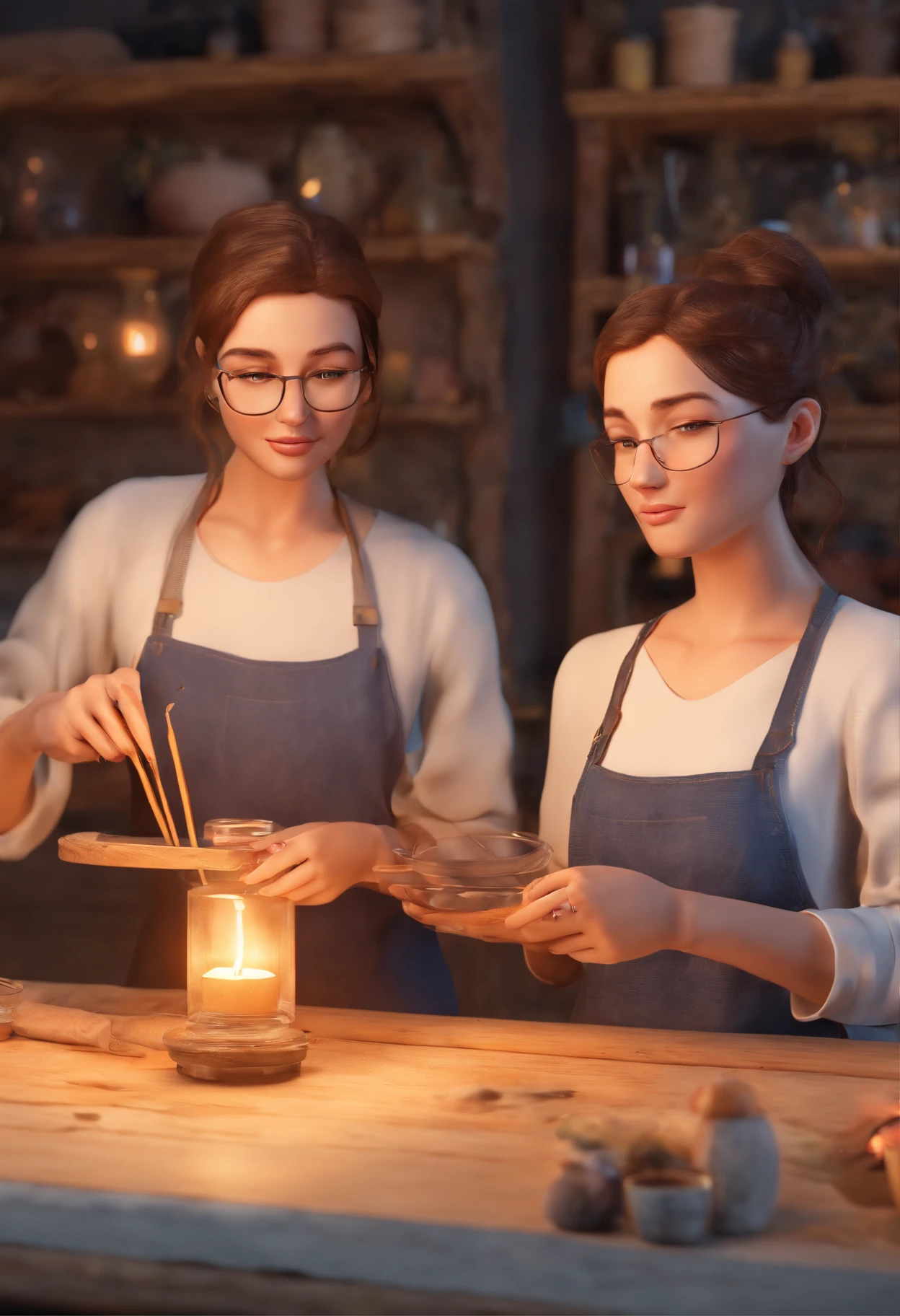 A couple of women making scented candles in their atelier, uma loira outra morena, em uma mesa cheia de pote de vidro. A stirring pan with vegetable wax electric stove