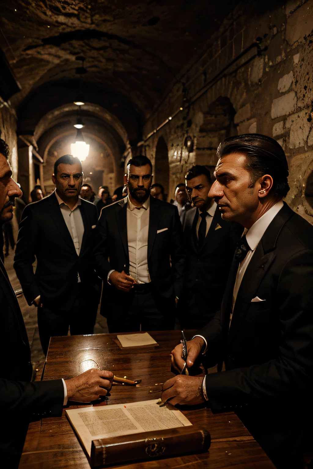 An intense meeting of the Italian mafia in an underground hideout, a long wooden table with members in sharp suits, low lighting, cigars, and drinks, maps and documents scattered, ultrarealistic, detailed face, ultrarealistic face