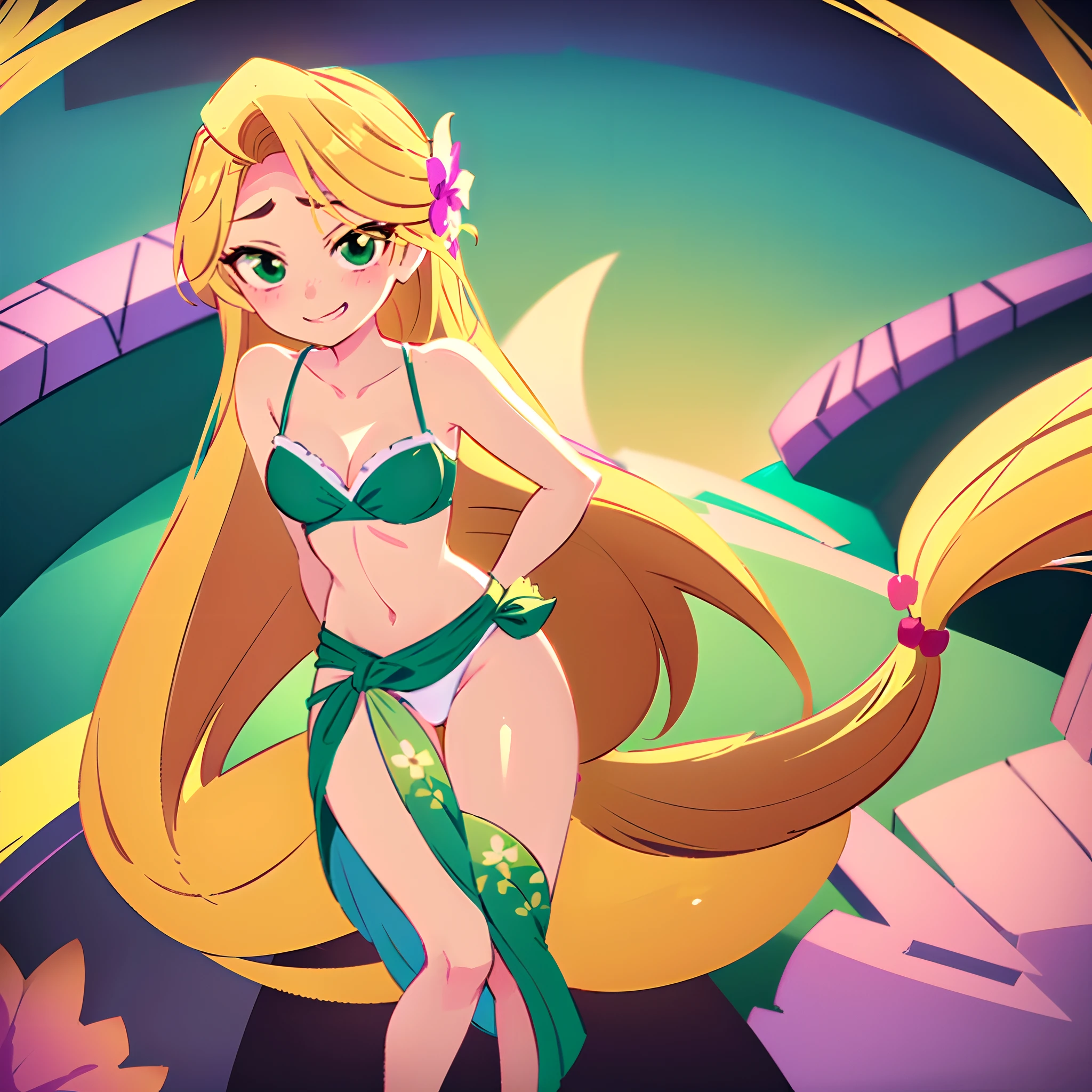 Rapunzel looks the viewer with a cocoquettish expression, batting her seductive green eyes , a teasing smile, and coyishly hides her arms behind her back. Rapunzel playfully crosses her left leg over right, acting shy. The ocean is glistening behind her brilliant figure. Rapunzel is wearing a two piece bikini set, with a long sarong wrap around her bottom and stops above her ankles. The sarong wrap goes all the around and leaves a slit to the right. Her long blonde hair sways in the wind. (Masterpiece: 1), 1girl , solo, (Rapunzel: 1.4), (long blonde hair, blowing wind: 1.1), (sexy facial expressions: 1.6), (teasing smile, seductive green eyes: 1), (small bust: 1), (green skimpy bikini, long sarong wrap: 1.3), (arms and hands coyishly behind her back: 1), (pink flowery sarong pattern: 1), (Rapunzel's hourglass figure: 1.3), (long bare slender legs, barefoot: 1), (left leg crossed over right: 1.4), (highly detailed: 1.2), (anime features: 1.2), (Cowboy-shot: 1.3), (full-body-shot: 1.5), (soft water background: 1), (beach background: 1), highlighted eyes, sun particles