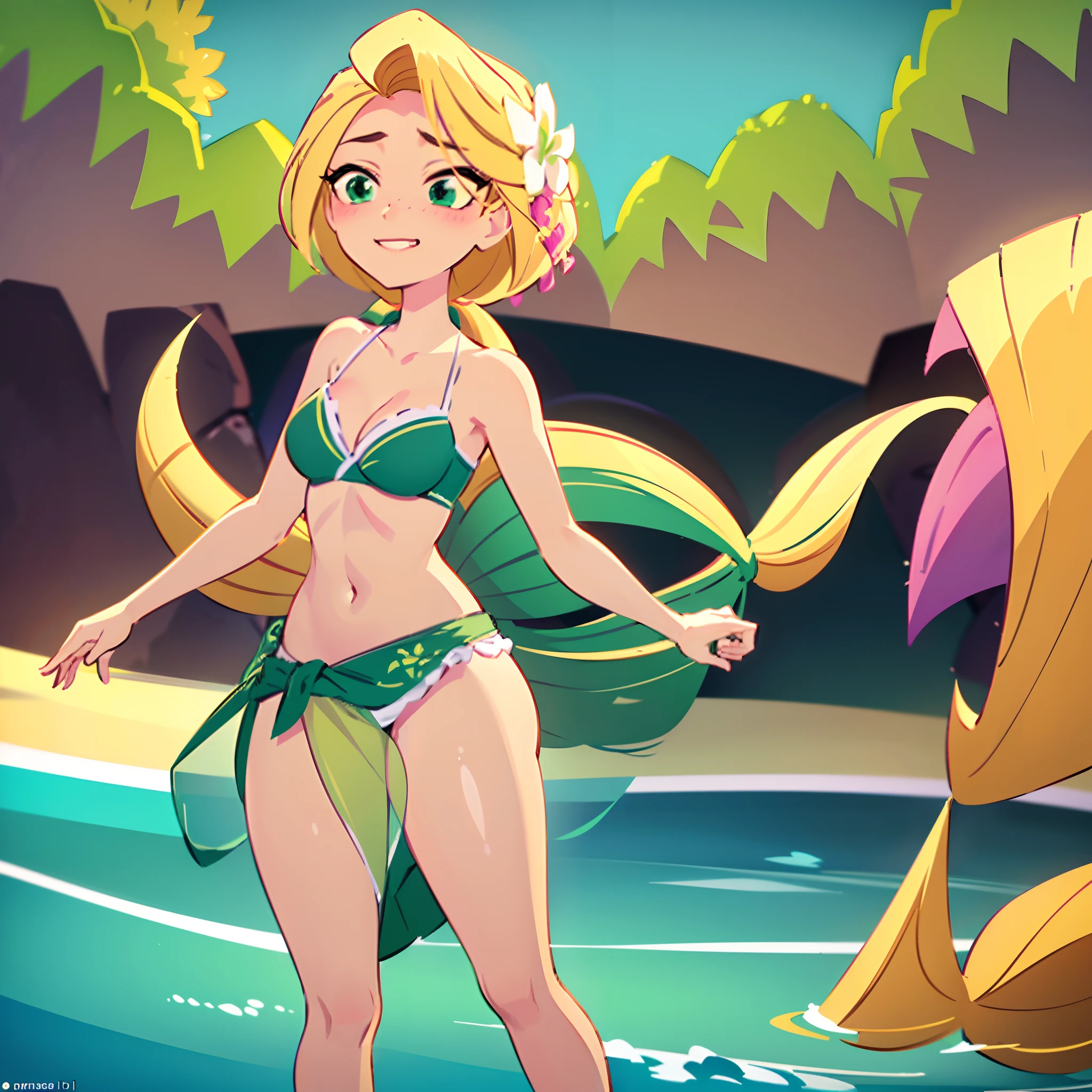 Rapunzel looks the viewer with a cocoquettish expression, batting her seductive green eyes , a teasing smile, and coyishly hides her arms behind her back. Rapunzel playfully crosses her left leg over right, acting shy. The ocean is glistening behind her brilliant figure. Rapunzel is wearing a two piece bikini set, with a long sarong wrap around her bottom and stops above her ankles. The sarong wrap goes all the around and leaves a slit to the right. Her long blonde hair sways in the wind. (Masterpiece: 1), 1girl , solo, (Rapunzel: 1.4), (long blonde hair, blowing wind: 1.1), (sexy facial expressions: 1.6), (teasing smile, seductive green eyes: 1), (small bust: 1), (green skimpy bikini, long sarong wrap: 1.3), (arms and hands coyishly behind her back: 1), (pink flowery sarong pattern: 1), (Rapunzel's hourglass figure: 1.3), (long bare slender legs, barefoot: 1), (left leg crossed over right: 1.4), (highly detailed: 1.2), (anime features: 1.2), (Cowboy-shot: 1.3), (full-body-shot: 1.5), (soft water background: 1), (beach background: 1), highlighted eyes, sun particles