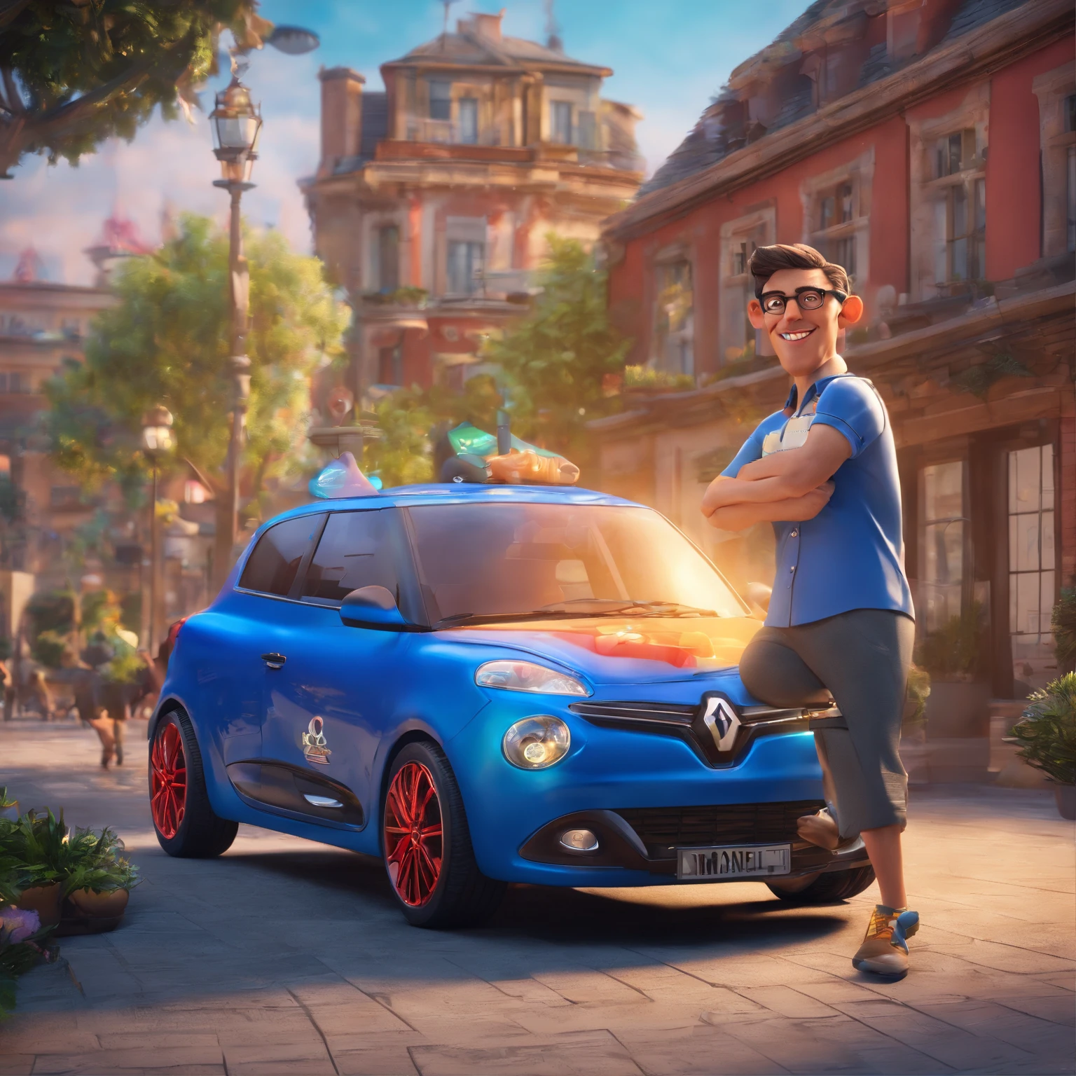 Imagem estilo Disney/Pixar, homem alto, bespectacled, roupa social azul, olhando sorrindo para a foto, ao lado de um carro Renault Clio Vermelho