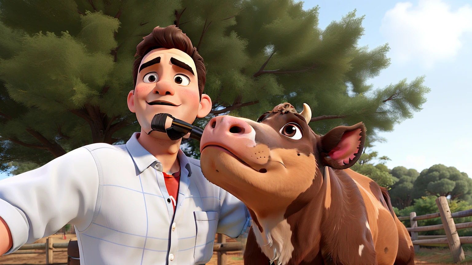 man on site with a cow licking him on the face
