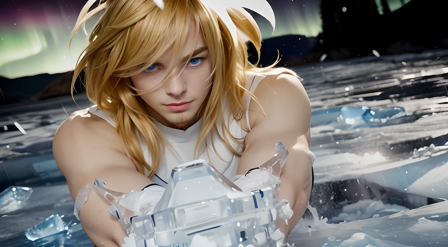 (masterpiece), (realistic) , close up portrait of a man, (male), 20 years old, Russian (1boy), slightly low view, solo, pretty handsome man, white skin, ((pretty big blue eyes)), ((well done eyes)), ((perfect eyes)), serious, powerful look, medium messy blond hair, (bangs), hair blowing in the air, (beardless), off-white regatta, muscular, long arms extended forward, proportional arms, ice covering the crossing hands, aurora boreal sky background, frozen background solo, small ice Cristals in the air, cinematic lighting.
