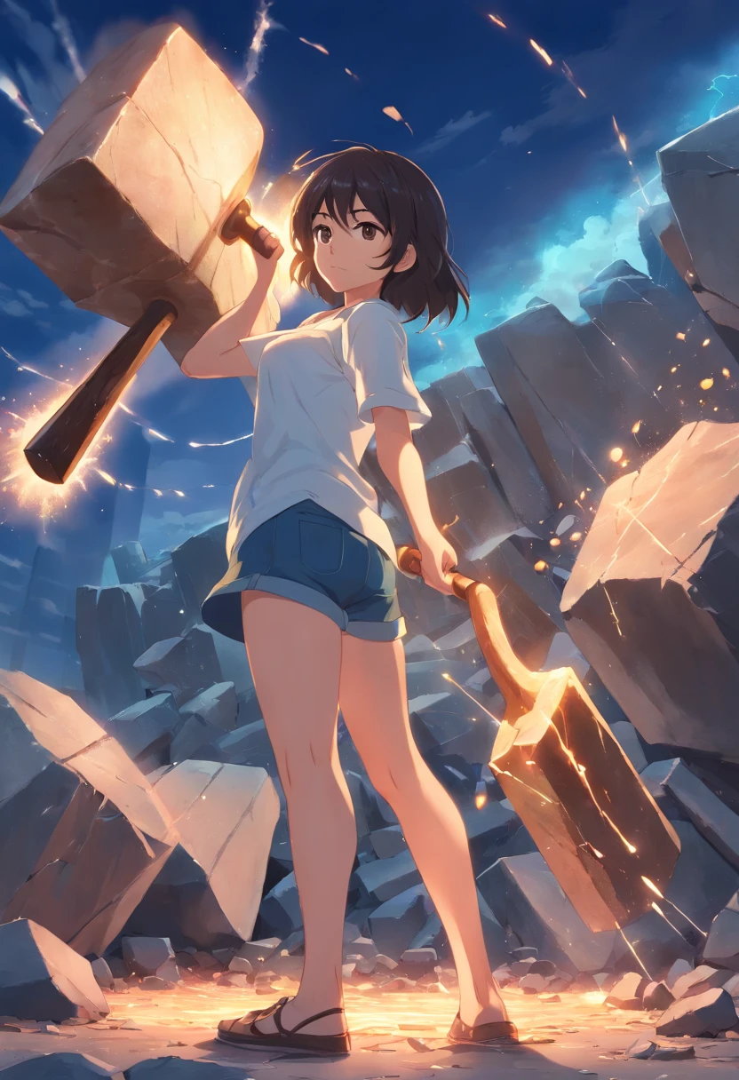 morena com cabelos cacheados, 27 anos, Holding a huge stone hammer in his hand, Destruction scenario