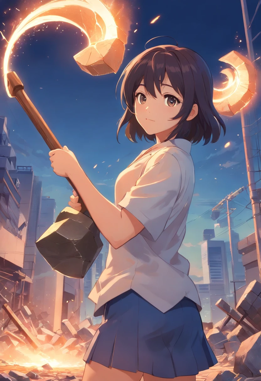 morena com cabelos cacheados, 27 anos, Holding a huge stone hammer in his hand, Destruction scenario