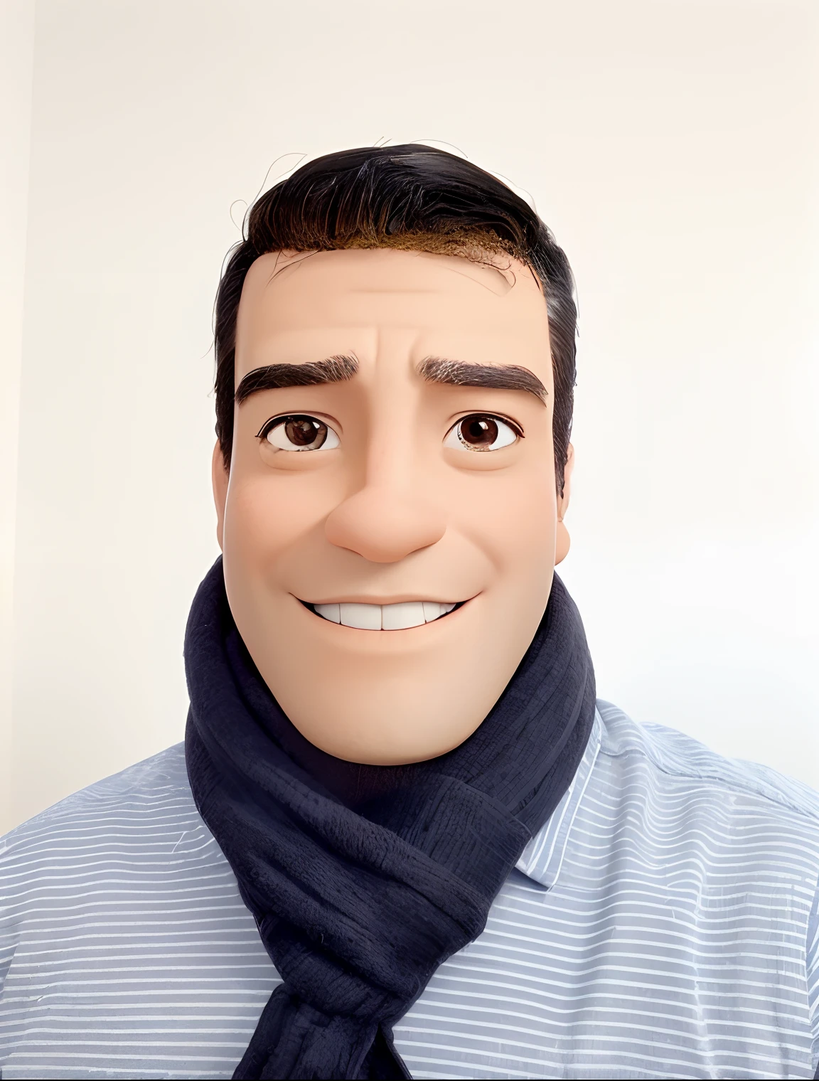 Homem inspirado nos desemhos da Disney Pixar. A black-haired man wearing cachicol in an office with a book on the table looking to the serious future, homem sorinfo, cabelos pretos, de camisa social