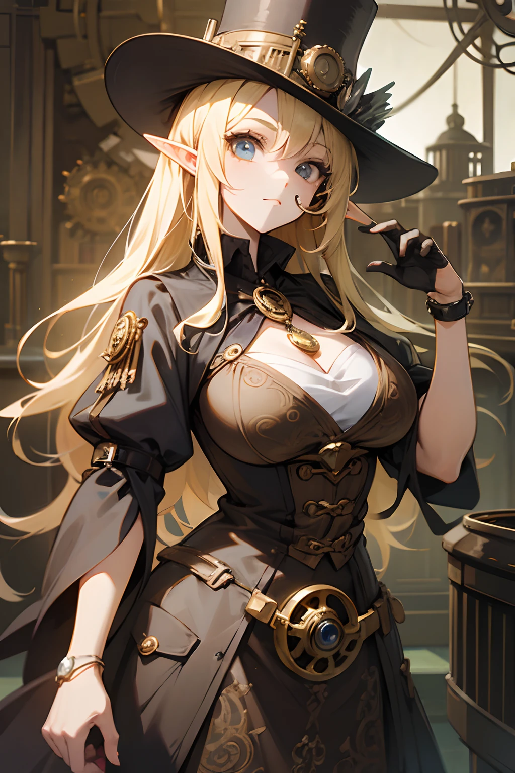 blonde elf, girl, anime, steampunk, big hat, monocle, intricate dress, cogwheel accessories, anime style