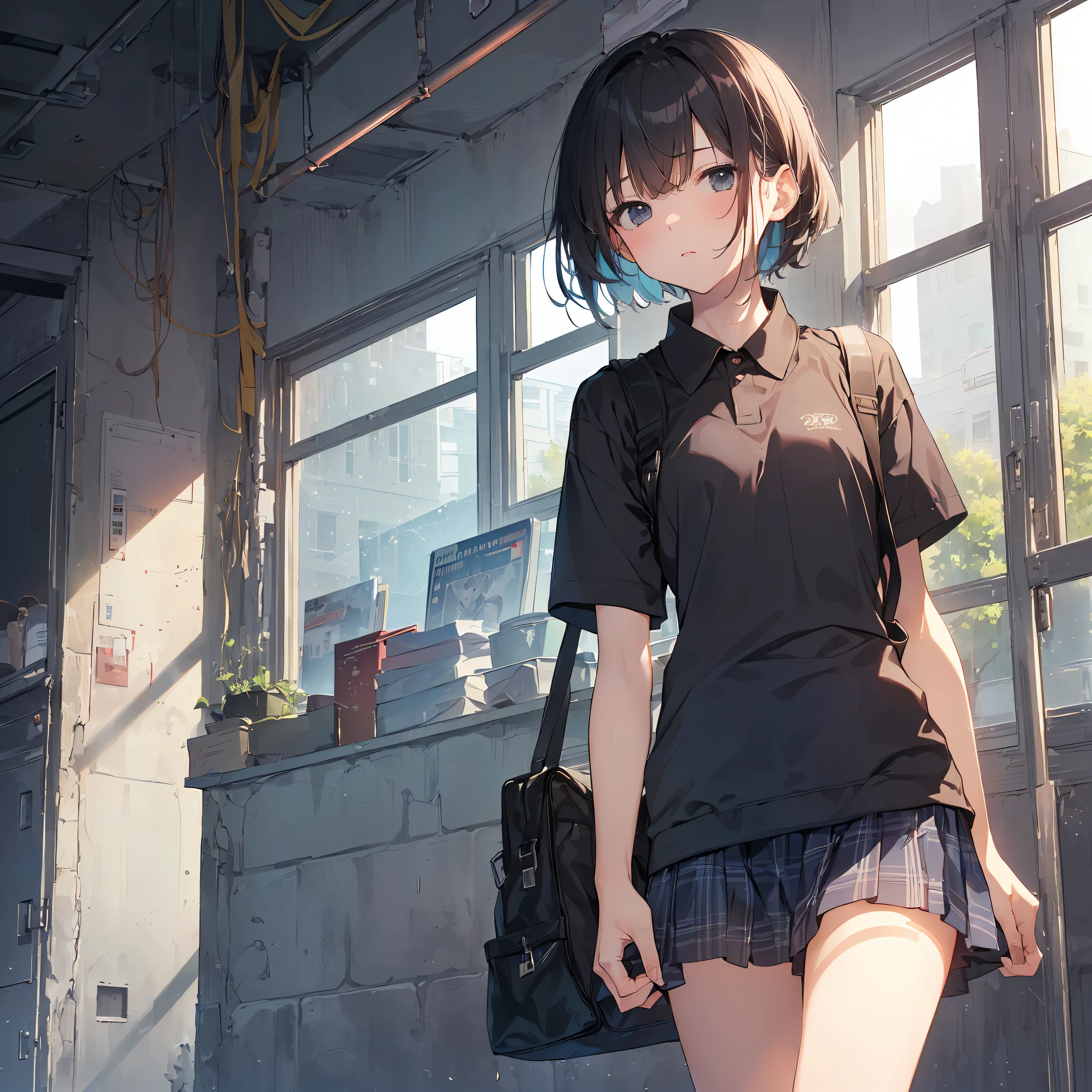 ((top quality,ultra-detailed,high resolution,extremely detailed CG,unity 8k wallpaper,by famous artist,perfect anatomy,super detailed skin,cinematic lighting,UHD, retina, ccurate, anatomically correct, 1080P)),break,(Please draw a girl walking sleepily to school. :1.3),break, 1girl, (Solo,Loli face,13-year-old:1.5),a junior high school student, (Very Short hair),Full limbs,complete fingers,flat chest, Small butt, androgynous charm, groin, Beautiful detailed black eyes, disgusted eye, school Uniform,(Detailed Lighting), (Detailed background), (in the school zone),