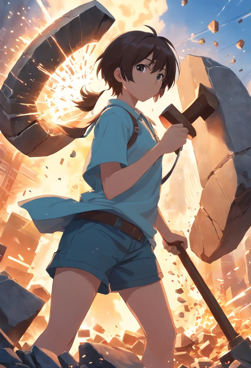 cabelos cacheados, 27 anos, Holding a huge stone hammer in his hand, Destruction scenario