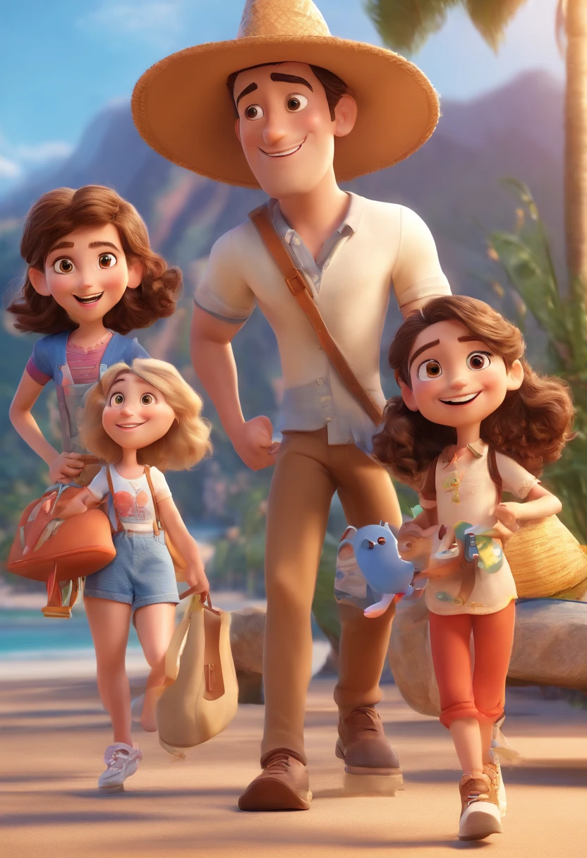 Cartoon of friends having fun on vacation together,  3D Animation Movie Poster, Poster de filme animado, pixar 3 d animation style, pixar renderman rendering, maia 8 mil, animated film, Disney Pixar Estilo 3D, amigos felizes saem juntos, all wearing light blue shirts and cream brown long pants, camisa azul clara, cream brown pants, ao ar livre, vacation, Disney Pixar Animation Poster