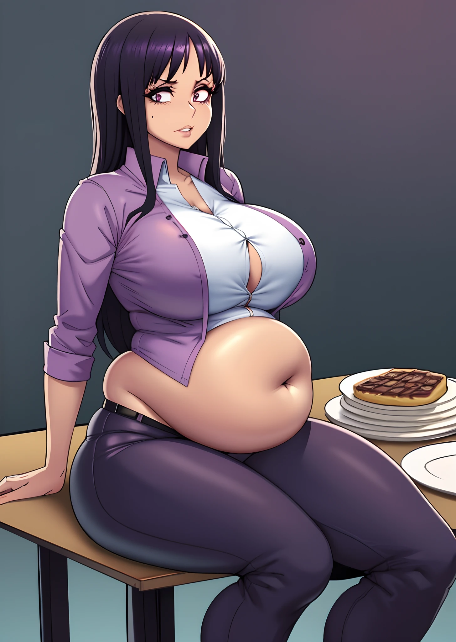 art by kipteitei, 1girl, nico_robin, sitting down, wearing a light purple shirt with only the first two buttons buttoned up, wearing dark purple unbuttoned trousers, reviling massive belly, thick thighs, looking at the camera, about to pop expression , surrounded by lots of plates , chubby (best quality, masterpiece)