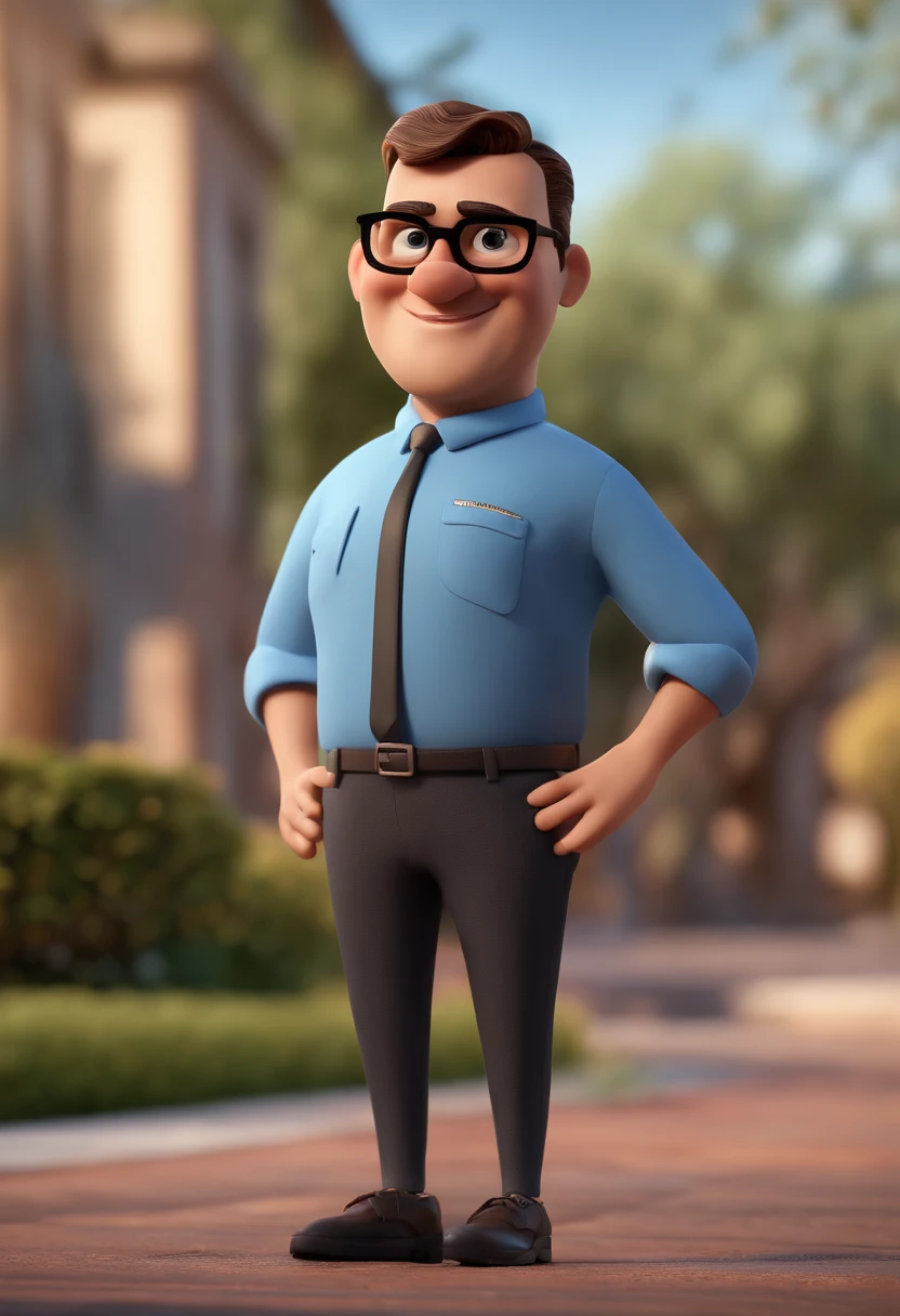 Cartoon character of a man with black glasses and a blue shirt, animation character, Caractere estilizado, animation style rendering, 3D estilizado, Arnold Maya render, 3 d render stylized, toon render keyshot, Personagem 3D, Personagem 3D, 3d rendering stylized, 3 d character render, personagem de desenho animado, Personagem de close up, Pose de personagem,  (Estilo Pixar) (master part:1.2) (Bokeh) (best quality) (pele detalhada) (textura detalhada) (8k) (argila) (Cinematic lighting) (foco nítido