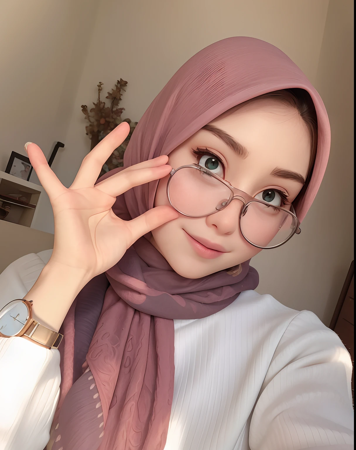 woman wearing glasses and a pink scarf holding up her hand, with glasses, with square glasses, wearing thin large round glasses, 🤤 girl portrait, wearing small round glasses, thick round spectacles, girl with glasses, ulzzang, wearing square glasses, with accurate face, girl wearing round glasses, hijab, wearing round glasses, clear cute face