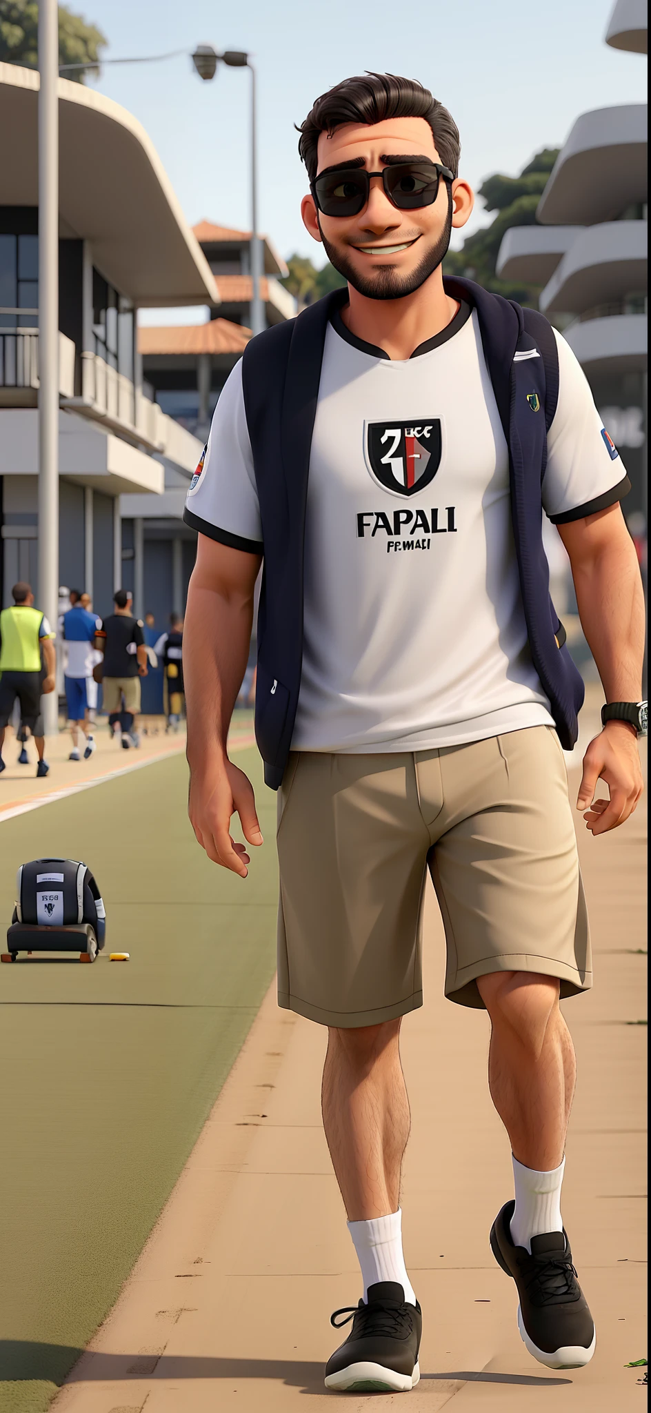 Man walking with the shirt of the club São Paulo Futebol Clube, em pista de caminhada, sorridente, com oculos e barba.