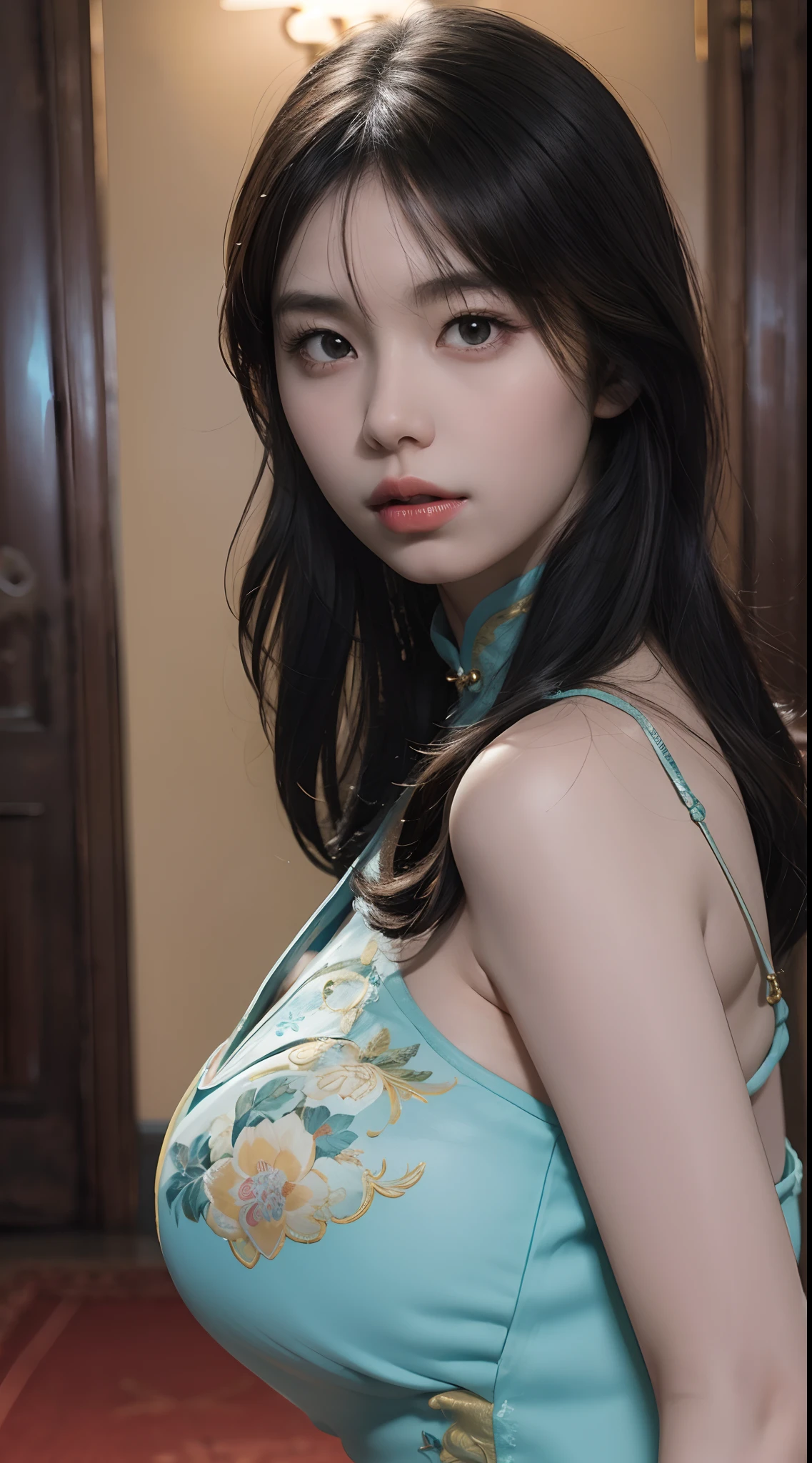 (From the outside) , many color,Best quality at best,8K,Real photos,Delicate skin details,tmasterpiece,photograph of-realistic,Complicated details,RAW photogr,Court,Gorgeous cheongsam,Extra-long hair,cropped shoulders,delicated face,Expose cleavage,decorations,Perfect Finger,Dissection is correct,(Huge room,0.8),shiny skins,arms on hips