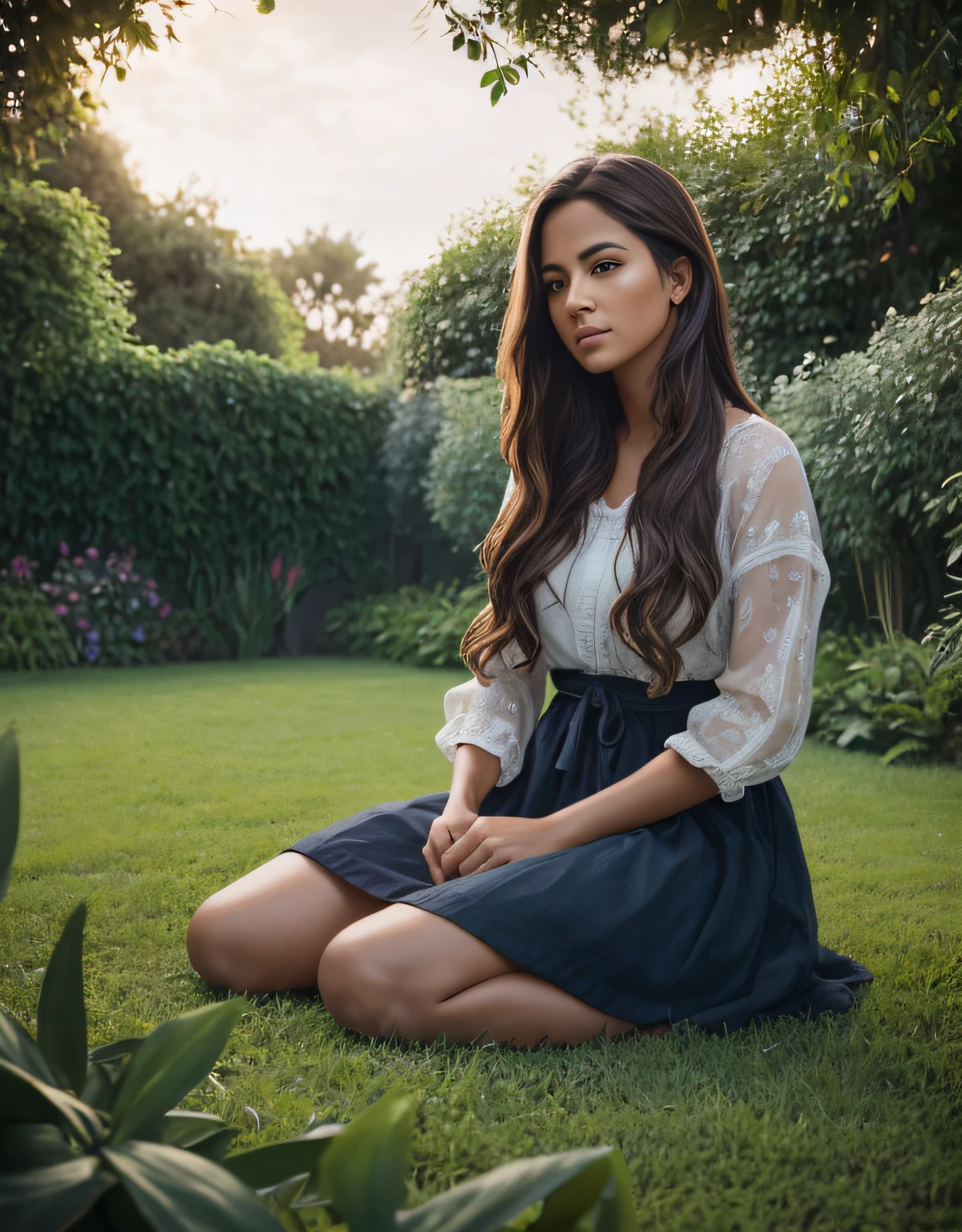 Beautiful girl, sitting on the grass in a small garden with trees and grass surrounded by 5 other people, full lips, relaxed normal clothing, captivating, and well-defined radiant brown eyes, from Uruguay, in the rain, Award-winning photo by Lee Jeffries, Kodak Film Photography, Kodak Lens Portra 400 Camera F1.6, extremely detailed, amazing, fine details, rich colors, hyper-realistic realistic texture, dramatic lighting, UnrealEngine, trending on ArtStation, CineStill 800 Tungsten, looking at the viewer, realistic photo, RAW photo, TanvirTamim, high quality, high resolution, sharp focus, extremely detailed. In a small garden. A circle of 5 men and women sitting around her