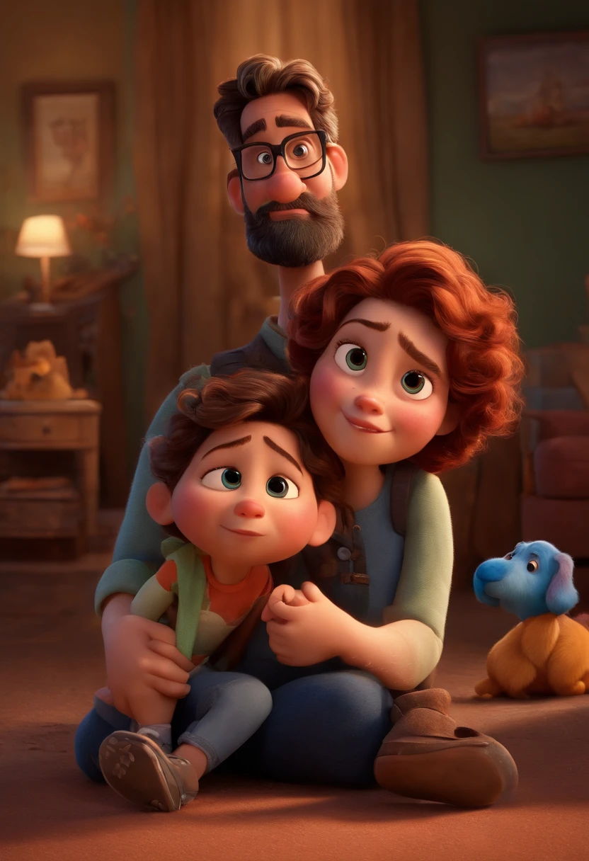 Um filme inspirado na Disney Pixar (MENINA NEGRA JOVEM COM CABELO LONGO CACHEADO PRETO) dentro A cena estar na arte distinta do estilo PIXAR, 42-year-old man with beard wearing sports glasses and 2-year-old red-haired daughter with face dirty from crying tears, Disney Pixar poster style in high resolution