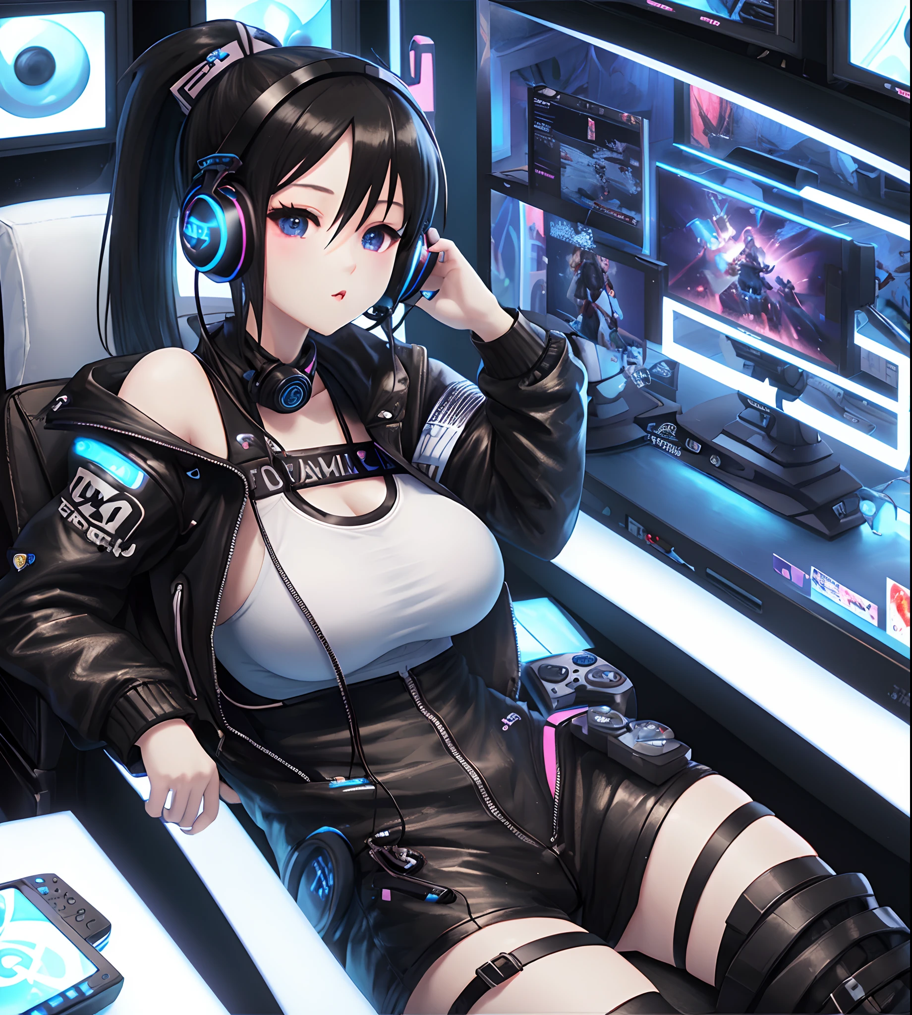 3d anime best quality, gamer girl, slimmer waist, leather jacket with gaming pins, black hair in pony tail, white silk transparent tank top, huge breasts, headphones with stickers, holding remote controller, gamer girl, playing video games