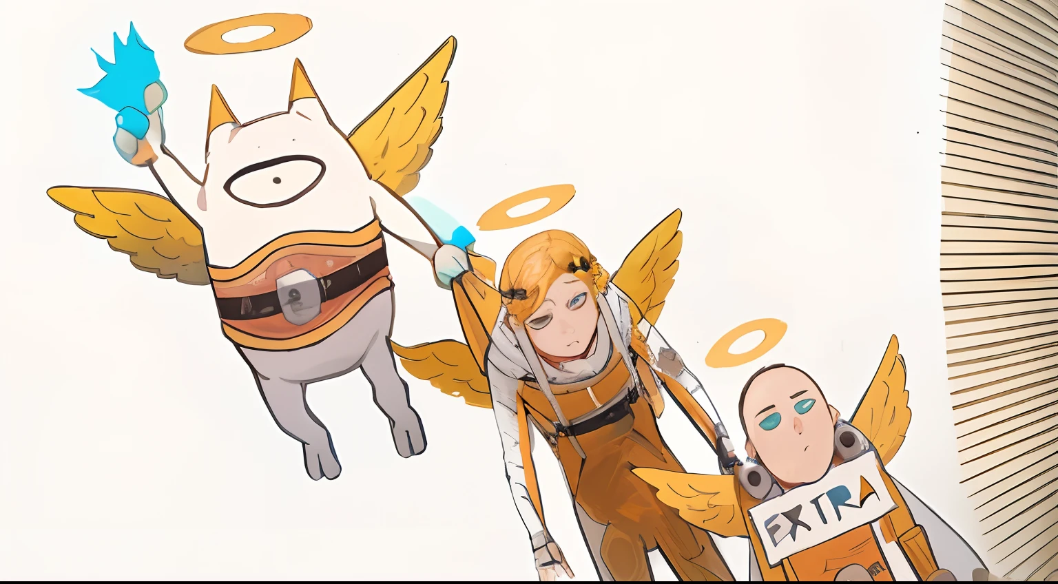 un dibujo de dibujos animados de un grupo de personas volando por el aire, calvo con traje amarillo, rubio con traje blanco y monstruo de un solo ojo color rosa
