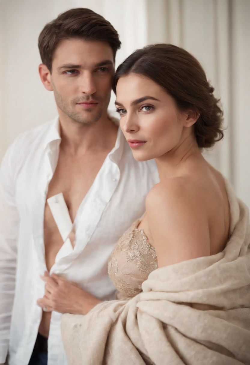 ((Un homme)) fort et beau, enveloppé dans une serviette sans vêtements, ouvre la porte de sa chambre pour recevoir une jolie femme aux gros seins au début de la vingtaine. La femme porte une robe courte et une veste. Elle sourit et regarde l’homme. La pièce est faiblement éclairée, Sombre, Mystérieux