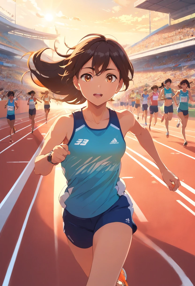 Neste primeiro quadrinho, somos transportados para uma atmosfera eletrizante no campo de atletismo de uma escola. The racetrack stretches out in front of us, cercada por arquibancadas repletas de espectadores animados. The sky is clear, with the sun casting a golden light over the scenery.
no centro da imagem, vemos um jovem atleta concentrado e determinado, pronto para iniciar uma corrida. Your muscles are tense, And he's in the starting position, com os olhos fixos no horizonte. Every detail of your sports uniform and running shoes is crisp and realistic.
The crowd around is vibrating with excitement, com rostos animados e bandeiras de apoio. Image quality is first class, capture the texture of the track and the expression of intensity on the athlete's face. It's a time of pure energy and competition, que nos convida a entrar no emocionante mundo do atletismo.